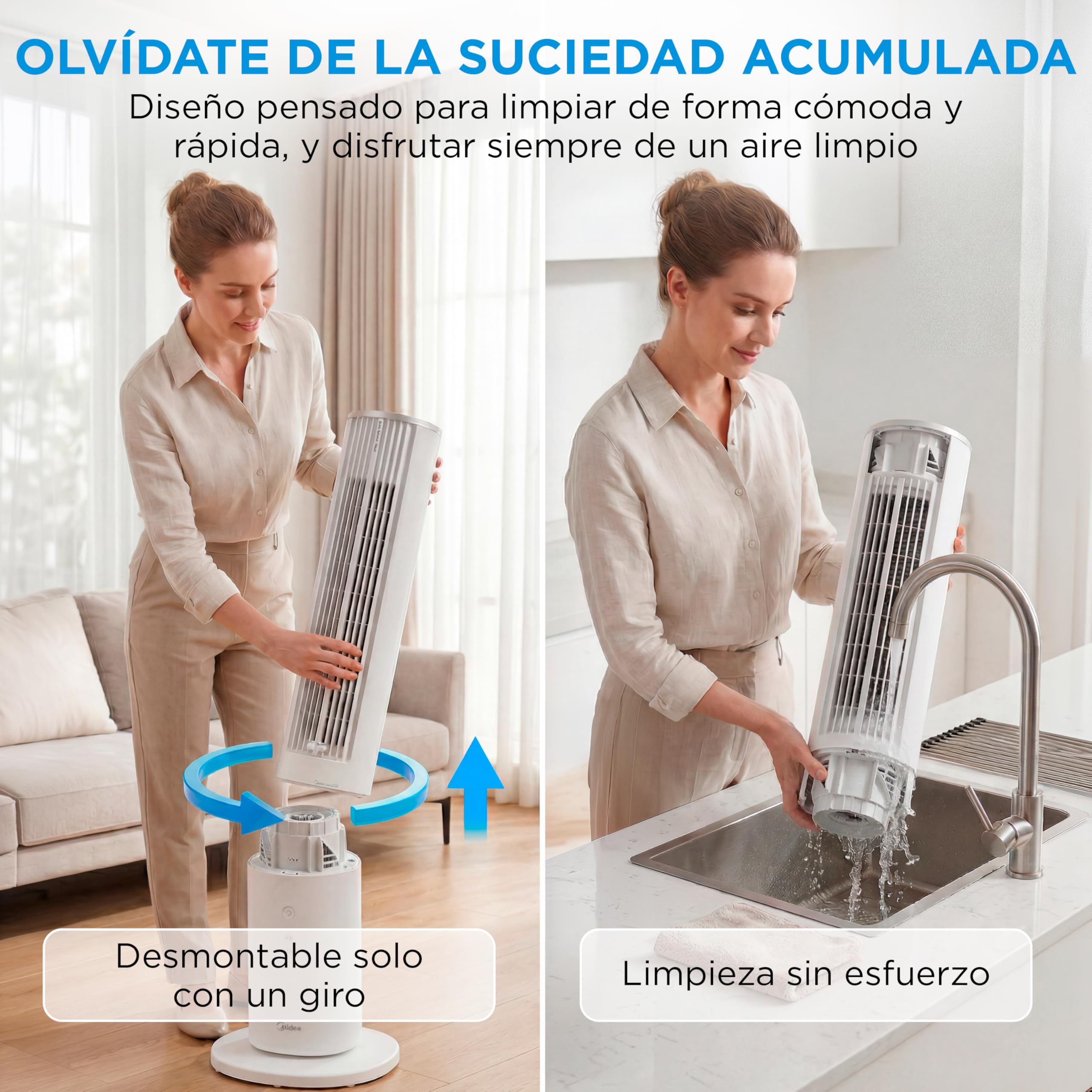 Ventilador torre Midea oscilando en sala moderna con pareja relajada.