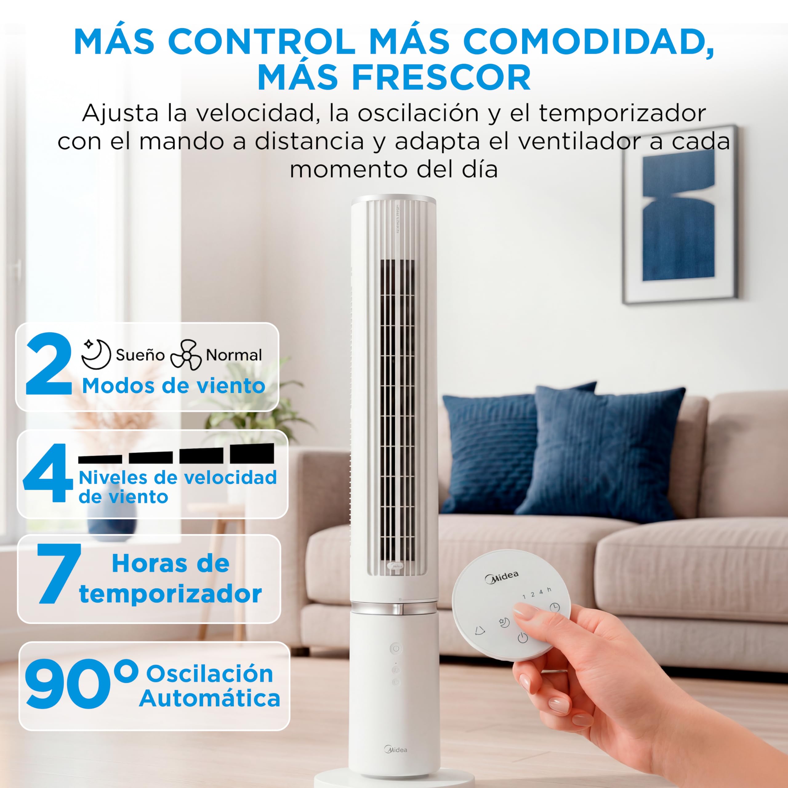 Ventilador torre Midea con mando a distancia en sala moderna.
