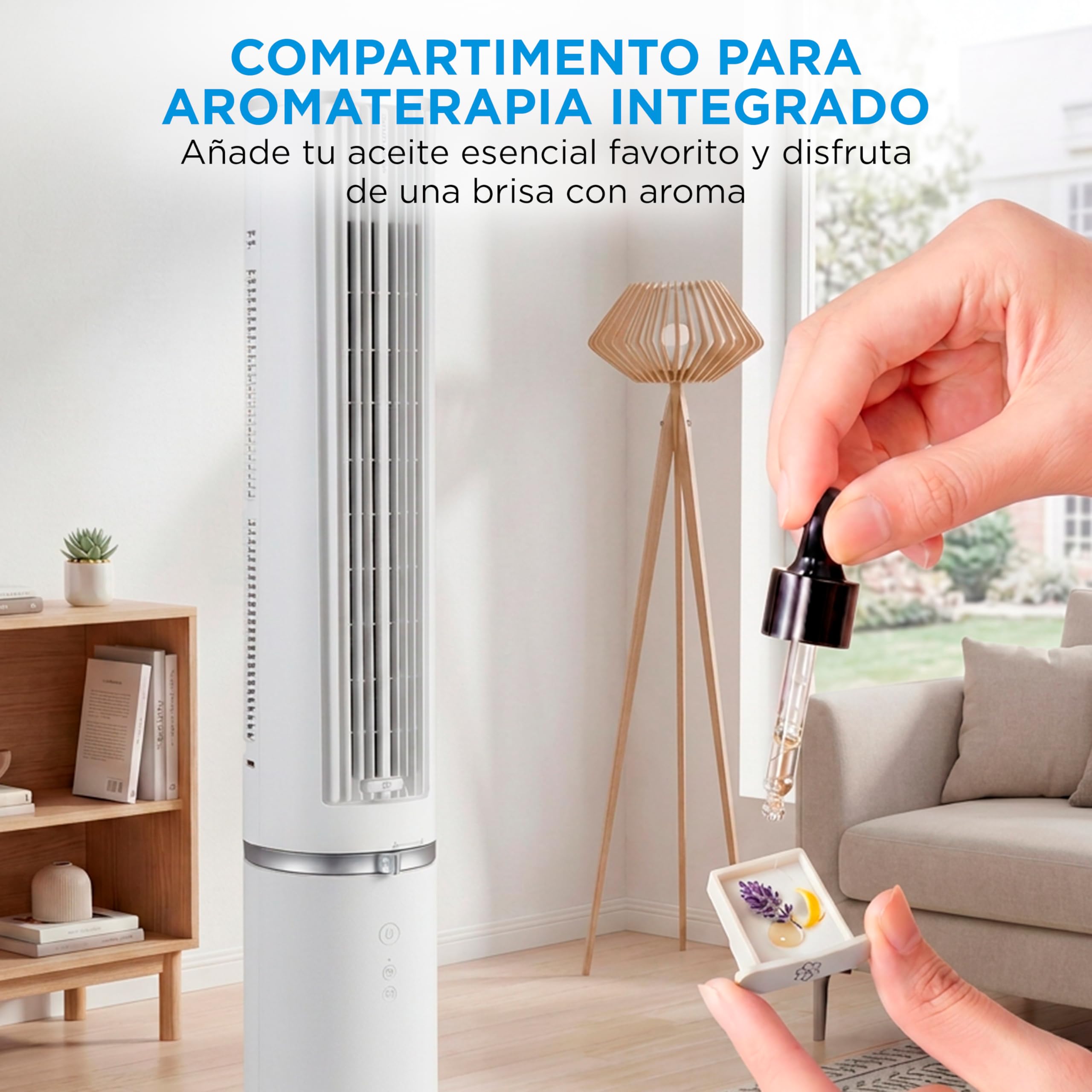Ventilador torre Midea con aromaterapia en salón moderno.