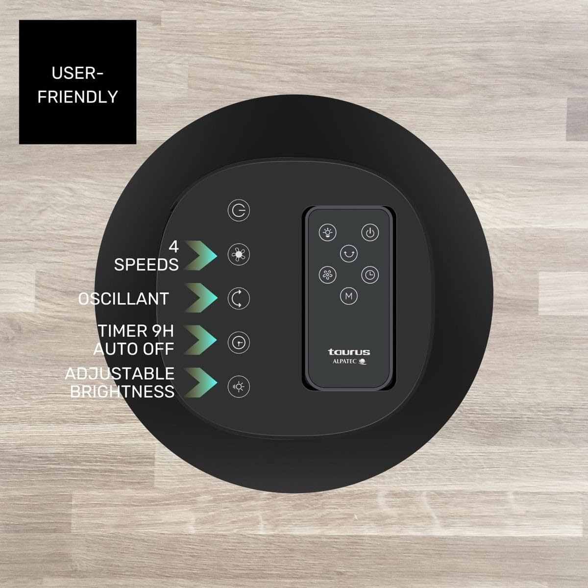 Control táctil y mando ventilador Taurus New Babel gris sobre madera