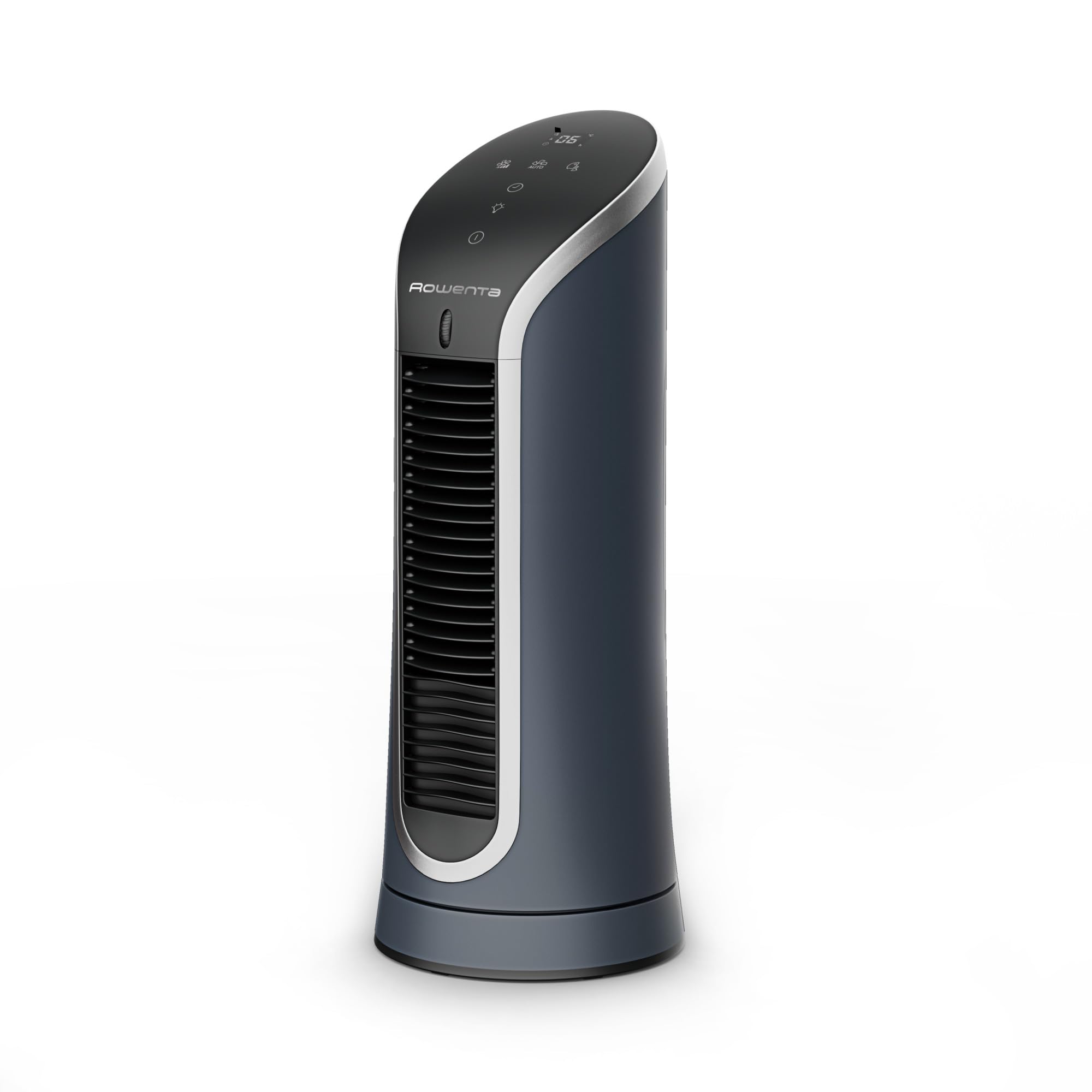 Ventilador de torre Rowenta Eole Compact, azul oscuro, controles digitales, frescor silencioso.