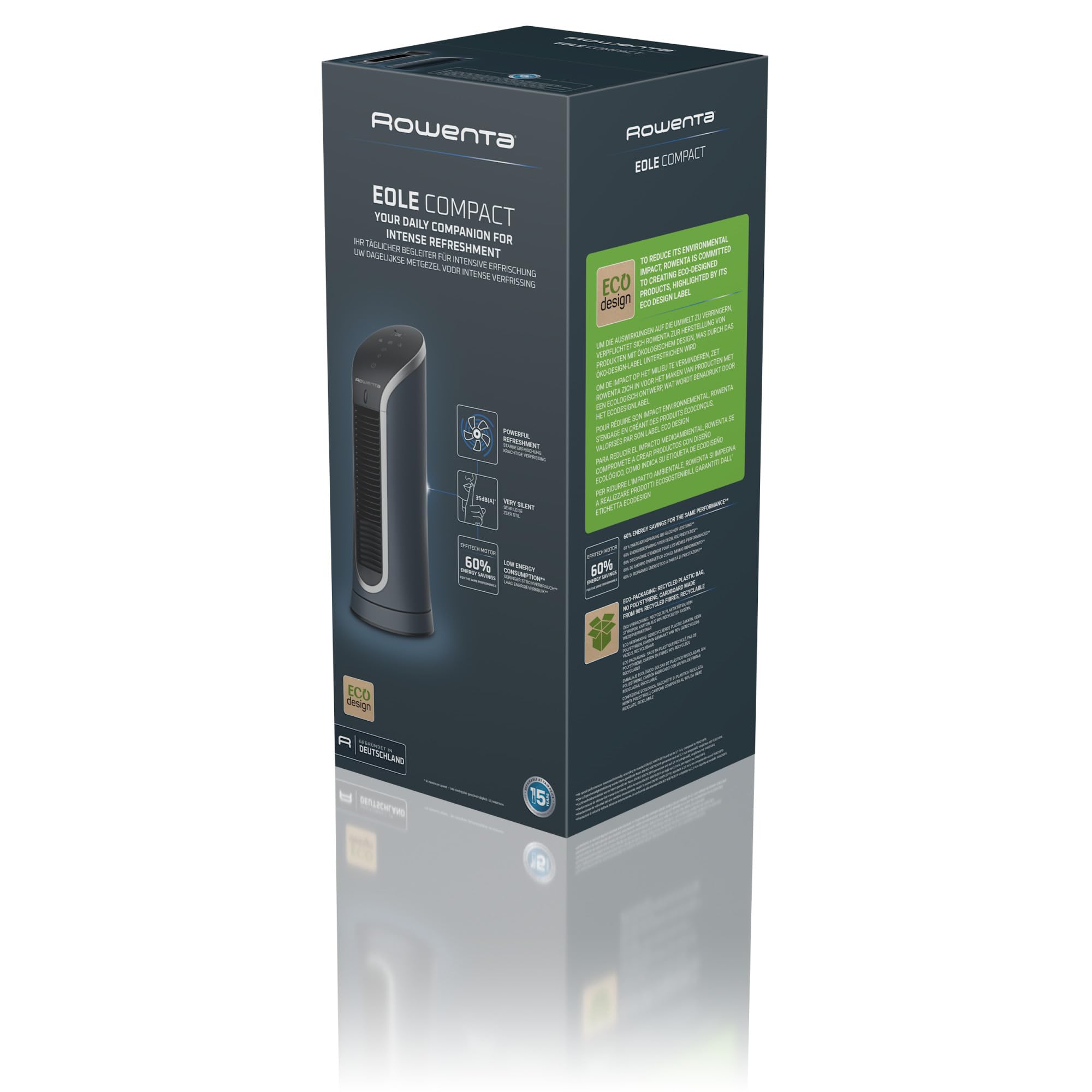Caja del ventilador Rowenta Eole Compact – reacondicionado, diseño ecológico, refrigeración silenciosa.