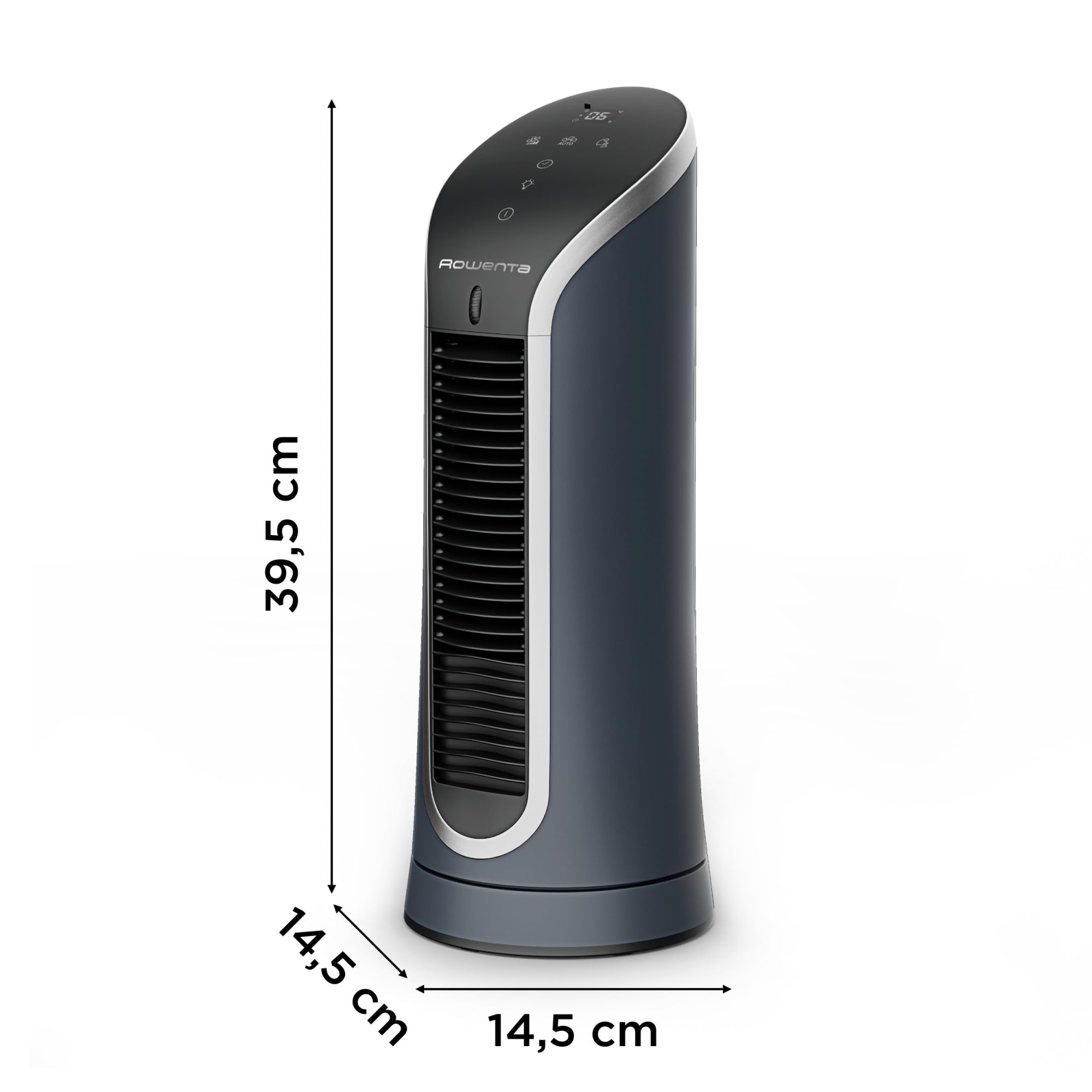 Ventilador de torre Rowenta Eole Compact primer plano con controles digitales y diseño elegante.