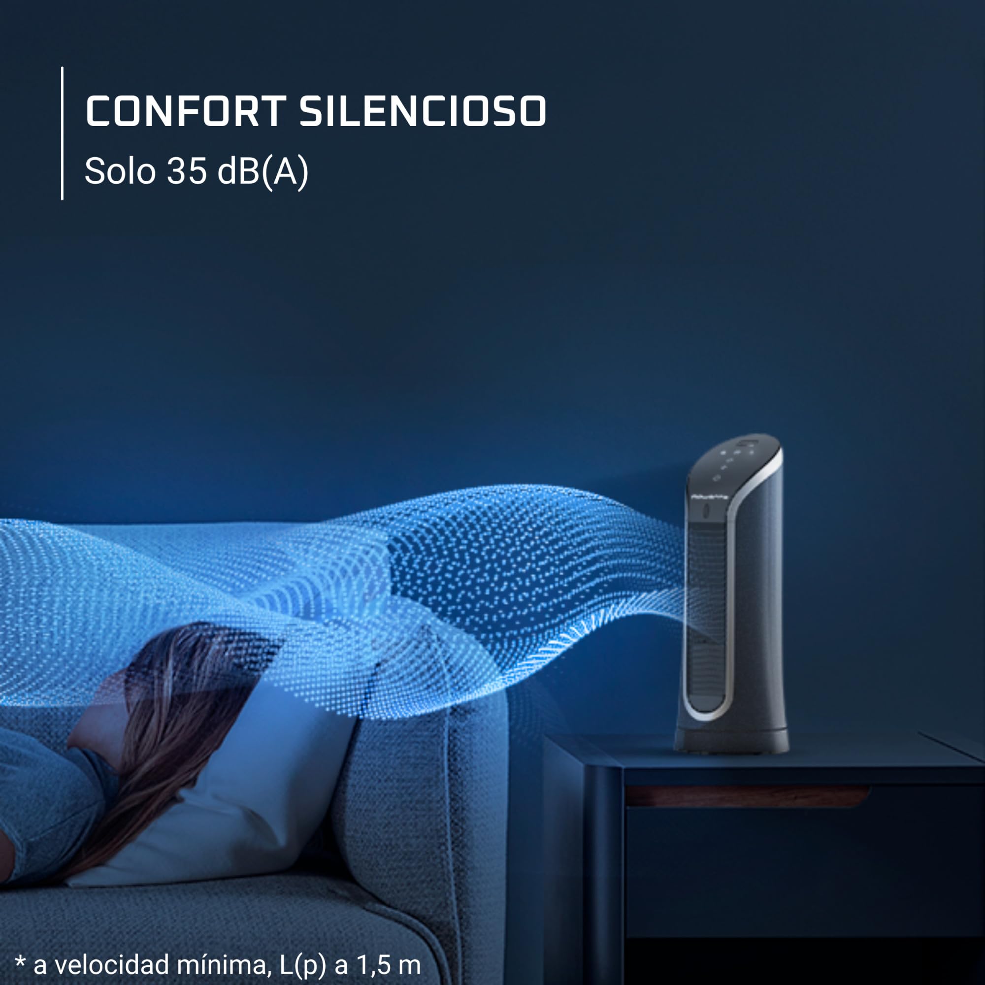 Ventilador de torre Rowenta silencioso proporcionando flujo de aire fresco en un dormitorio.