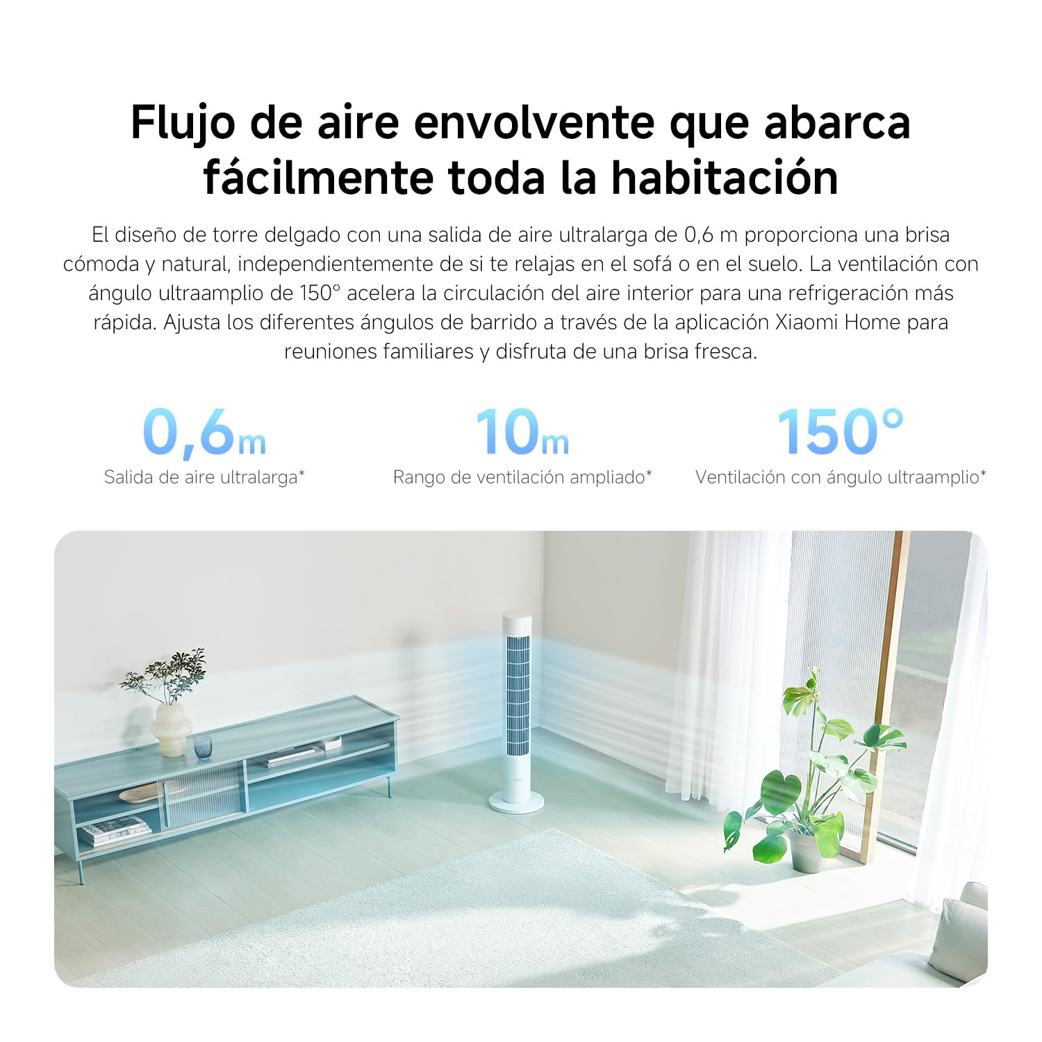Ventilador de torre Xiaomi Smart 2 en una sala de estar luminosa, con flujo de aire de 150°.