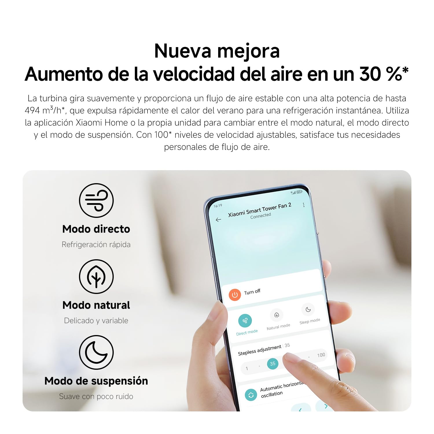 Interfaz de aplicación móvil para ventilador inteligente Xiaomi con modos de control.