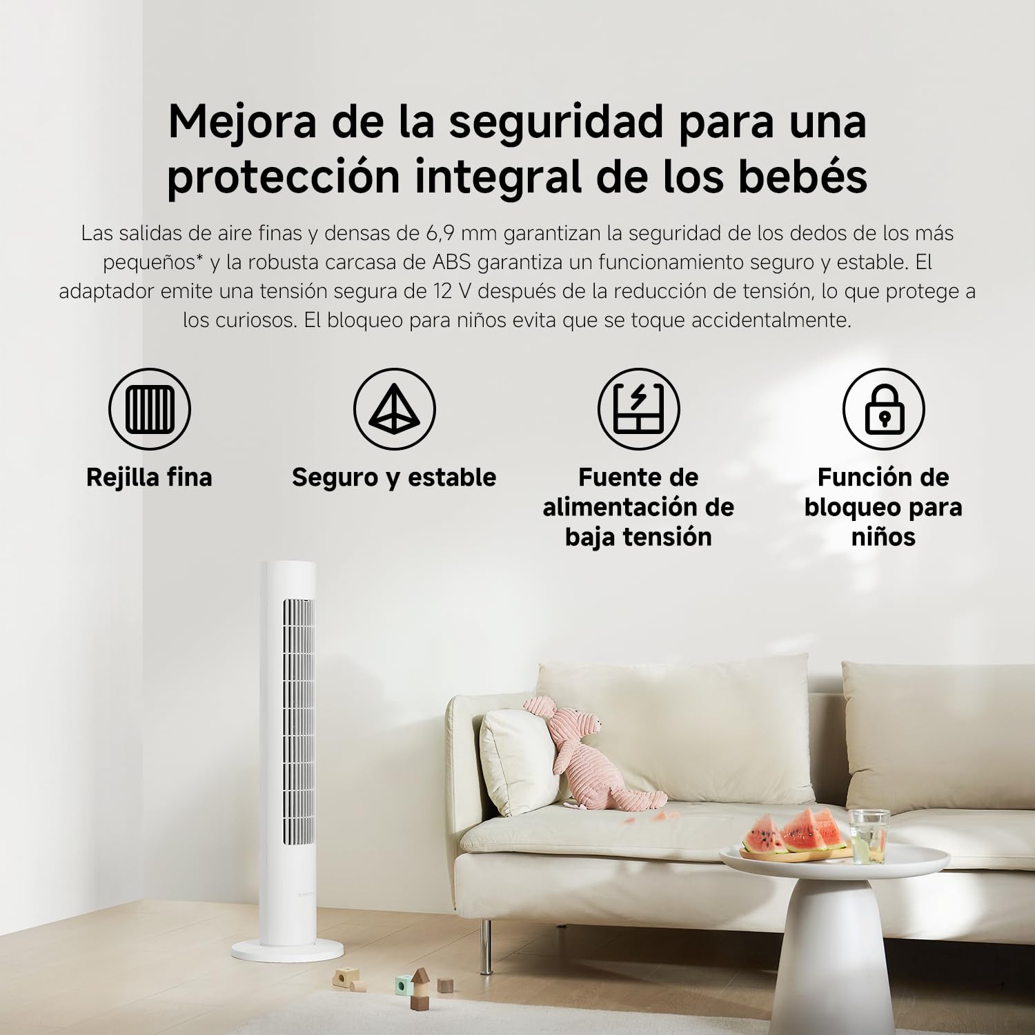 Ventilador de torre Xiaomi Smart en un salón apto para niños.