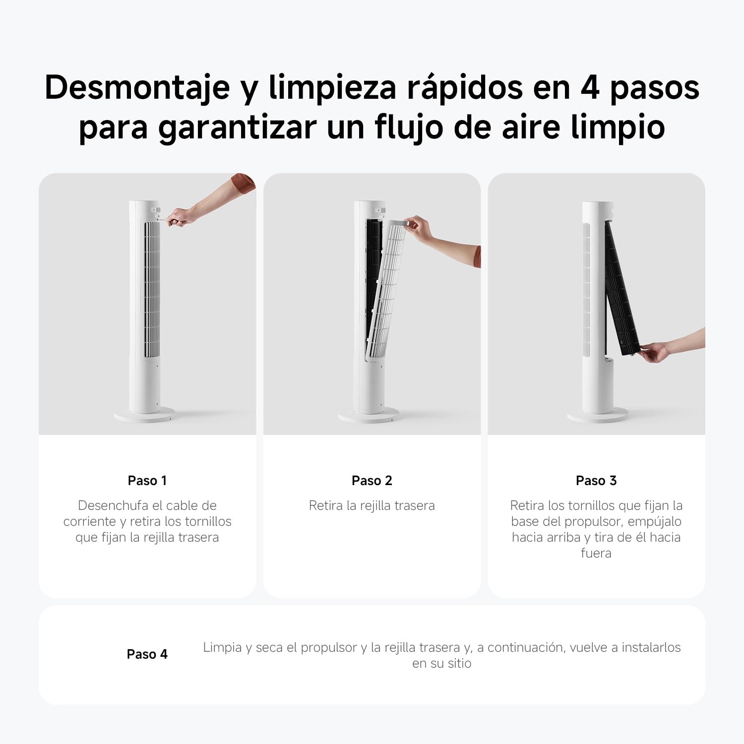 Pasos de desmontaje del ventilador de torre Xiaomi Smart que muestran la retirada de la parrilla trasera.