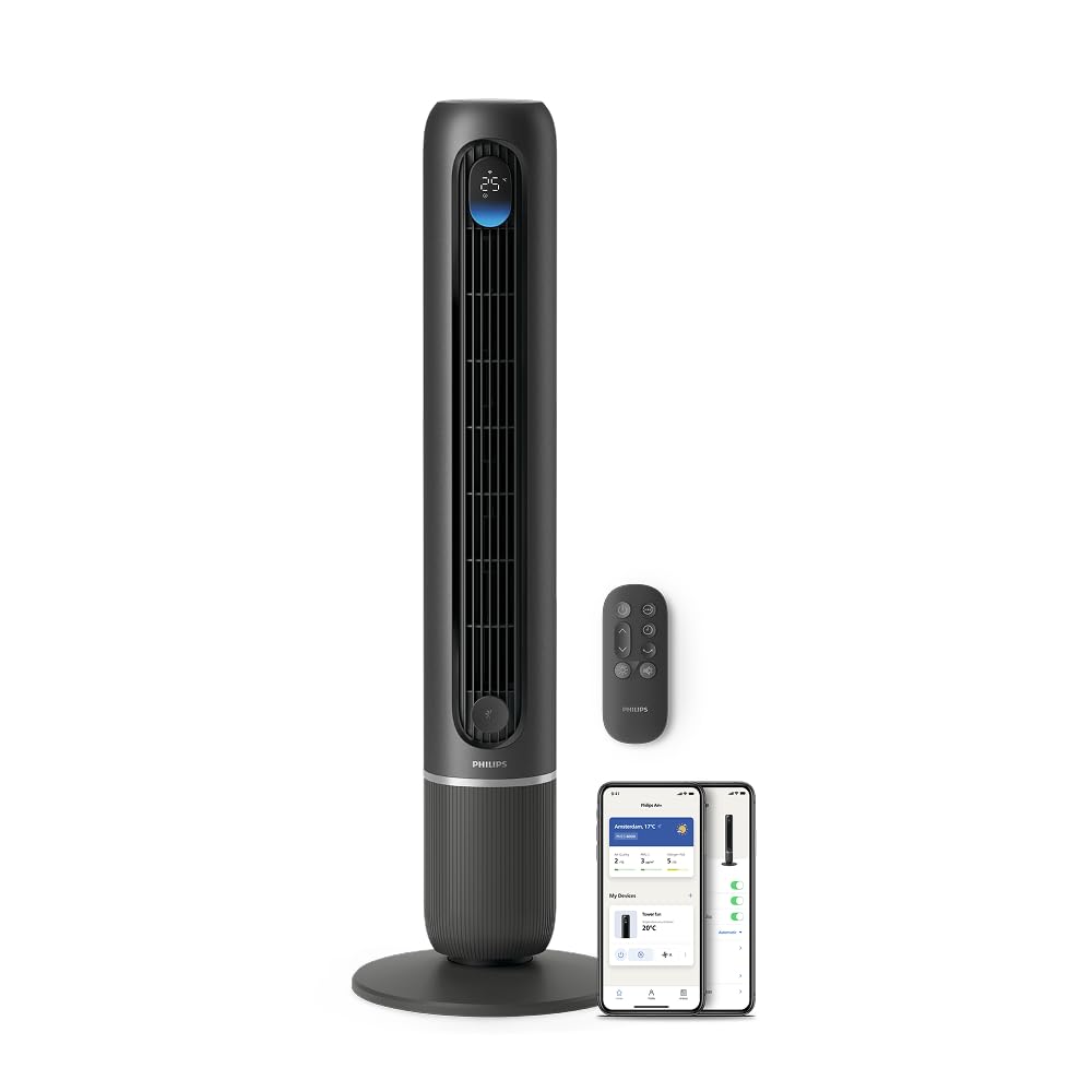 Philips Series 7000 smart tower fan with remote and app control.