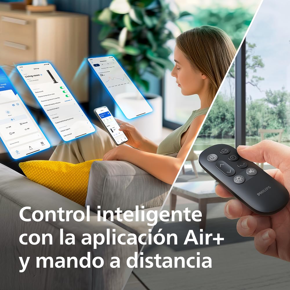 Mujer controlando ventilador Philips mediante app Air+ y mando a distancia.