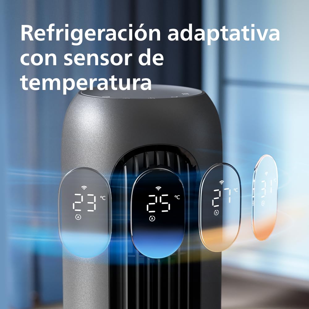 Ventilador de torre Philips con sensor de temperatura adaptativo.