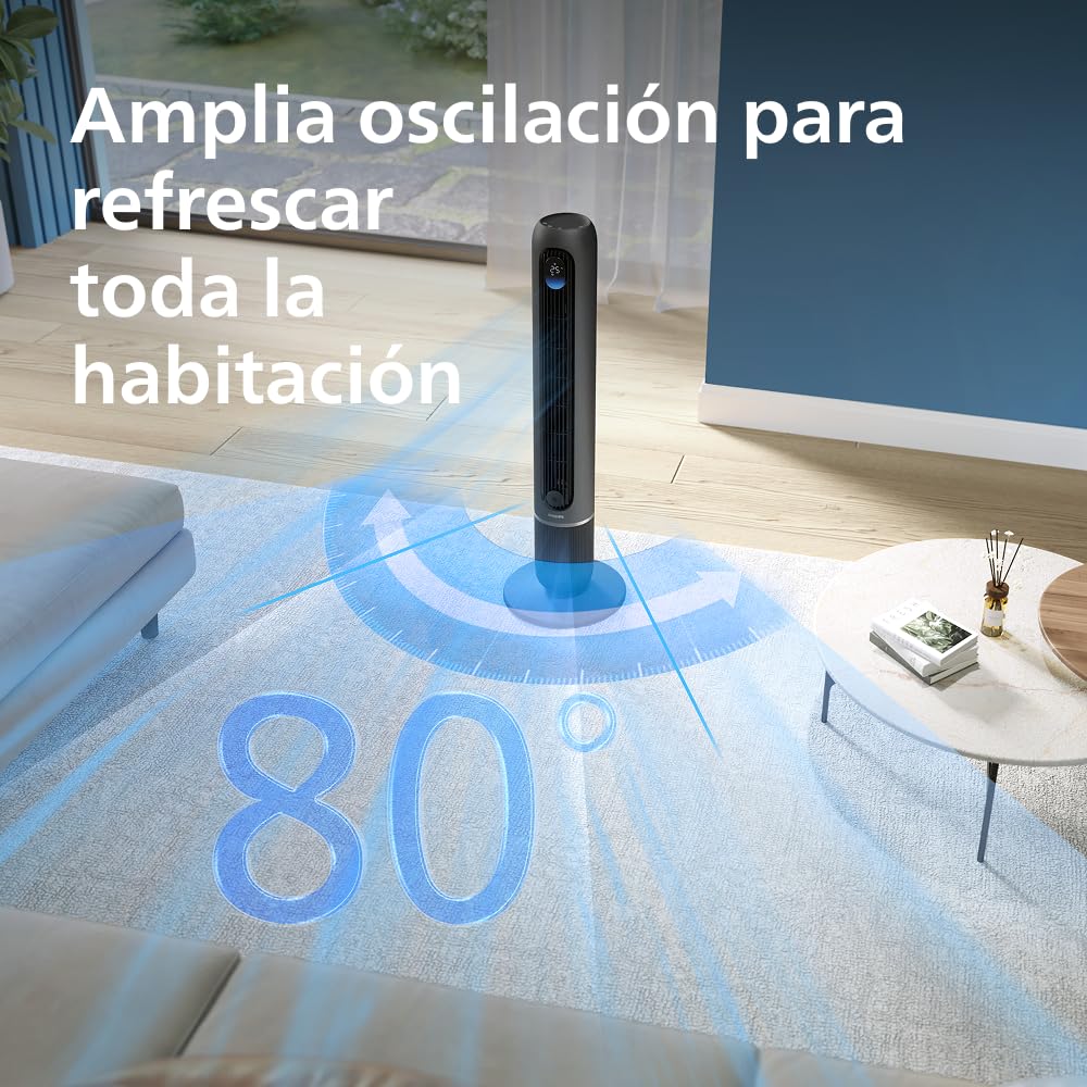 Ventilador de torre Philips con oscilación de 80° en una sala de estar moderna.