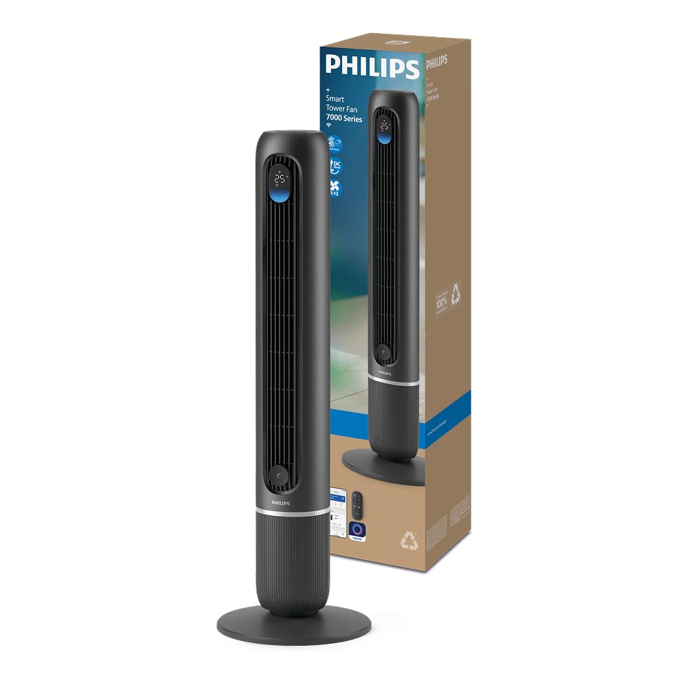 Ventilador de torre Philips Serie 7000 CX7550/01 junto a su embalaje