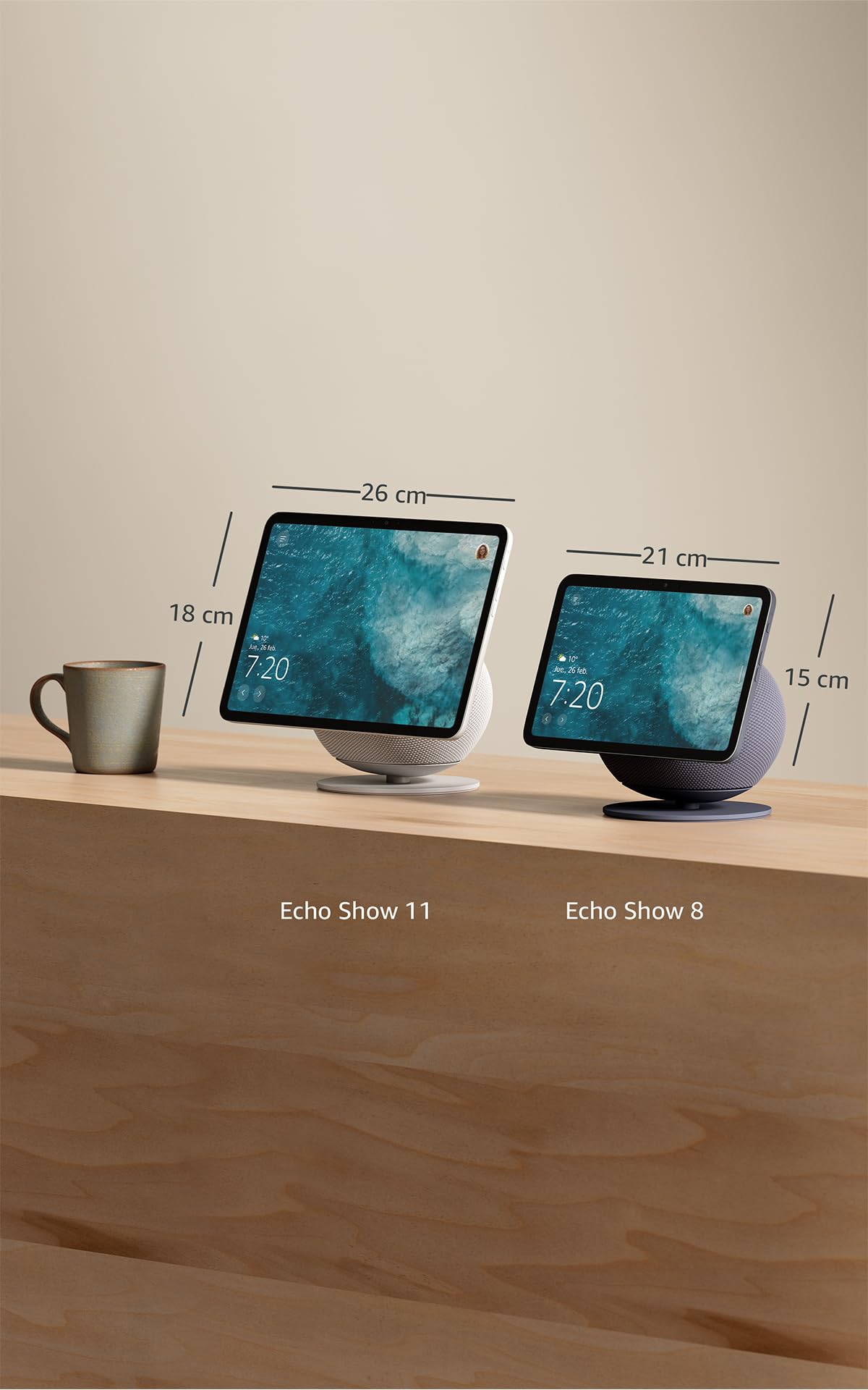 Comparativa tamaño Echo Show 11 y Echo Show 8 con dimensiones en cm.