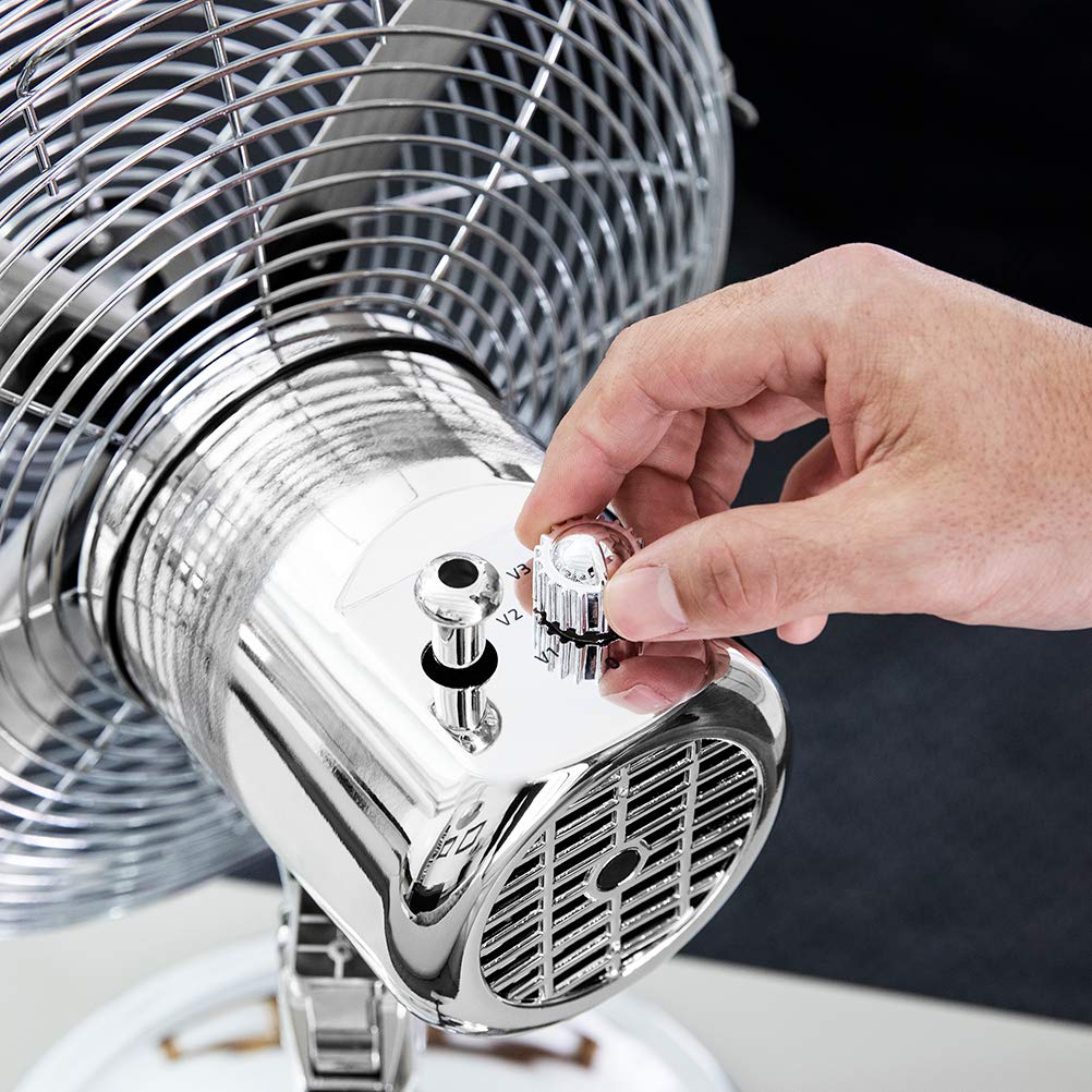 Detalle del ventilador Cecotec EnergySilence con ajuste de velocidad cromado