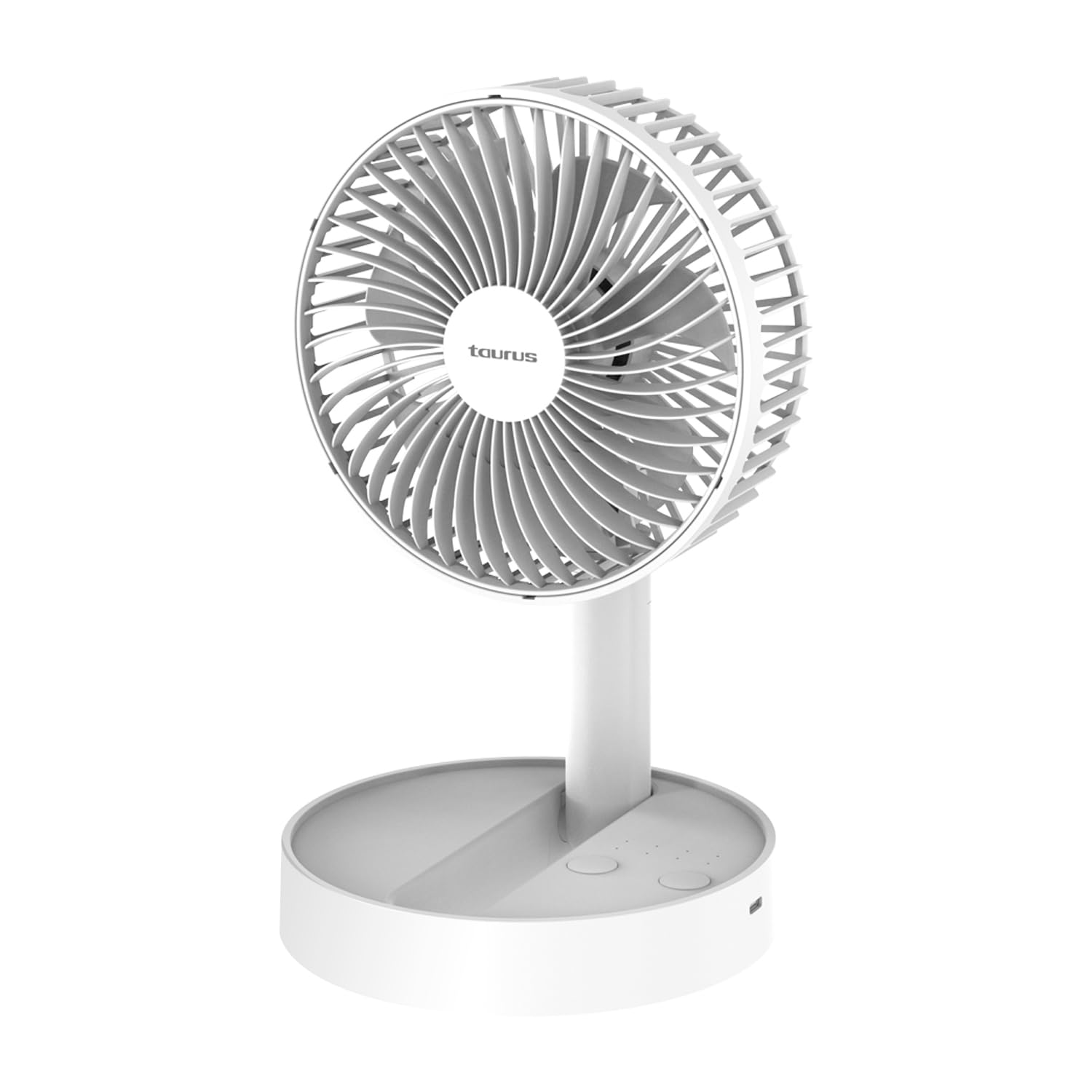 Ventilador portátil plegable Taurus blanco con base redonda y aspas compactas.