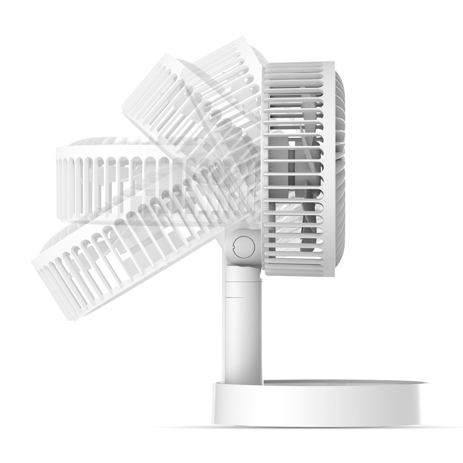 Ventilador portátil plegable blanco con inclinación ajustable en fondo blanco.