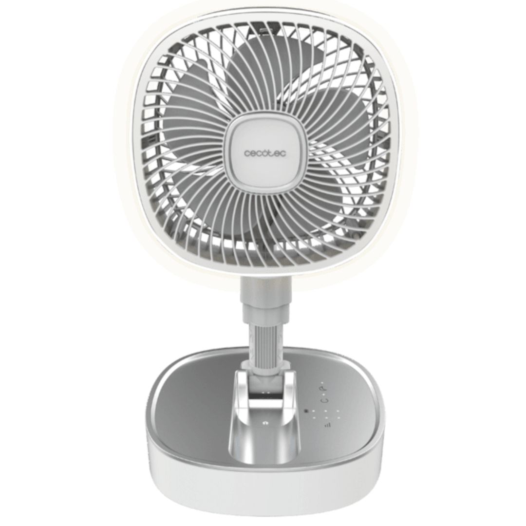 ventilador Cecotec vista frontal con base gris y ventilador blanco