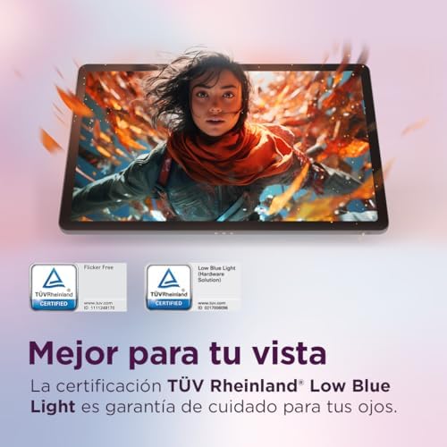 Lenovo Idea Tab 11 con pantalla 2.5K mostrando ilustración vibrante y certificaciones TÜV Rheinland de cuidado visual.