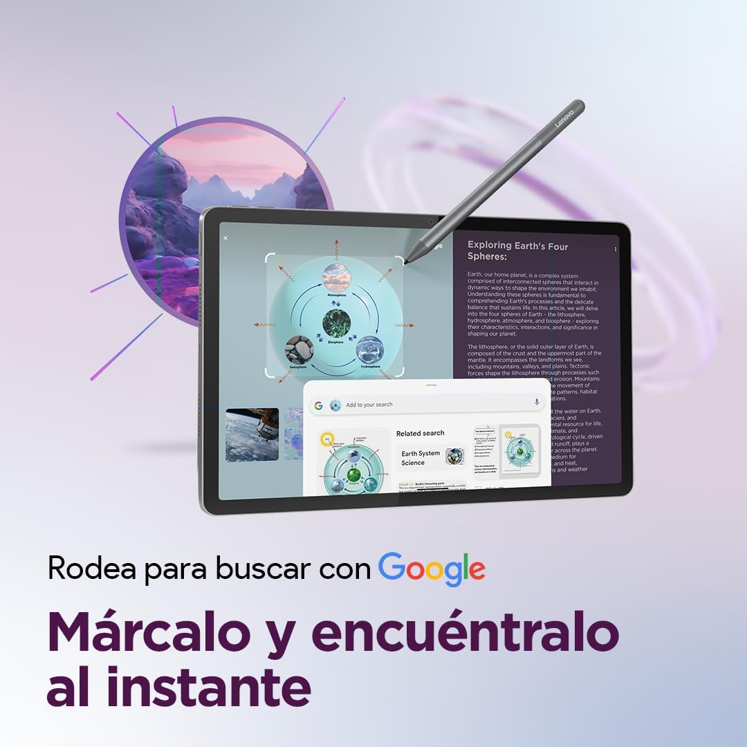 Lenovo Idea Tab 11 pulgadas con Lenovo Tab Pen mostrando función Circle to Search de Google sobre contenido educativo.