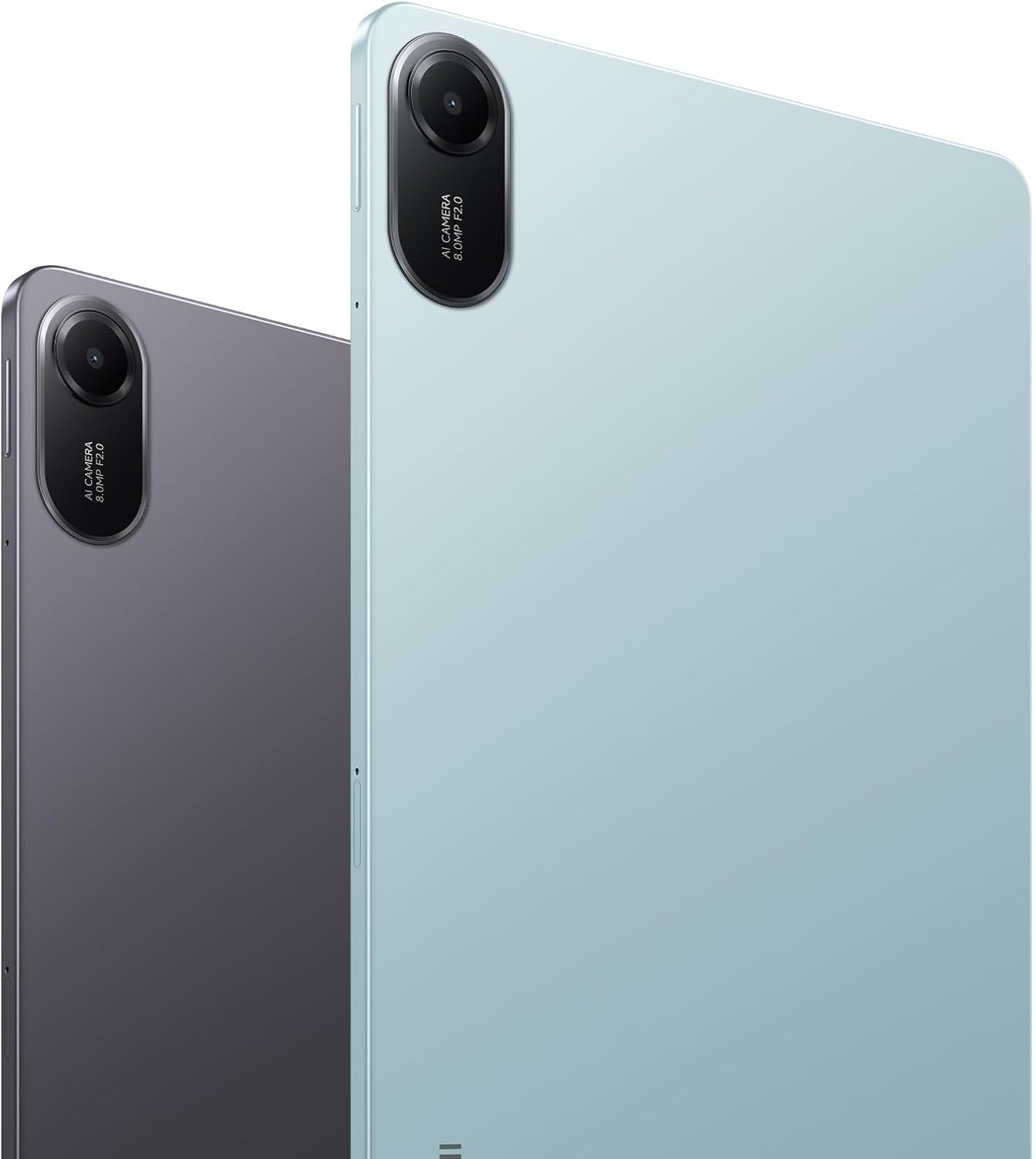 Vista trasera de la tablet Xiaomi Redmi Pad 2 en gris grafito y azul menta con cámara AI de 8MP.