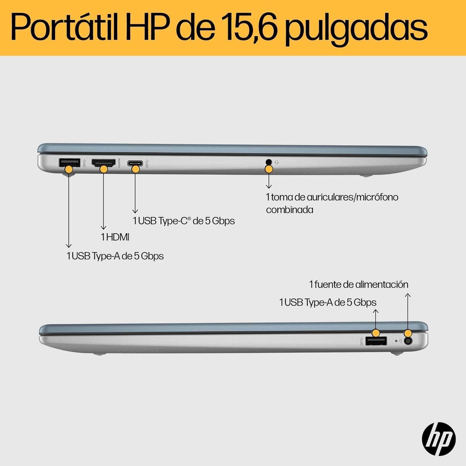 Vista lateral del portátil HP 15.6 pulgadas mostrando puertos USB, HDMI y Type-C