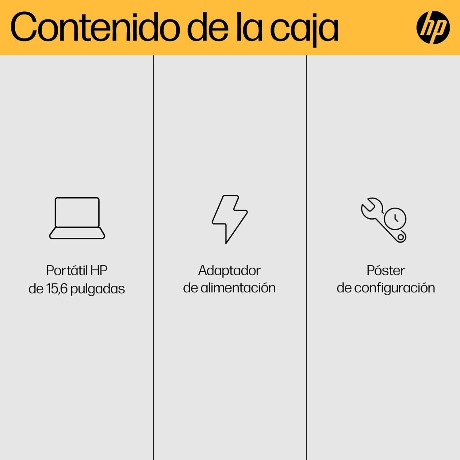 Infografía contenido caja portátil HP 15,6 pulgadas con adaptador y póster de configuración