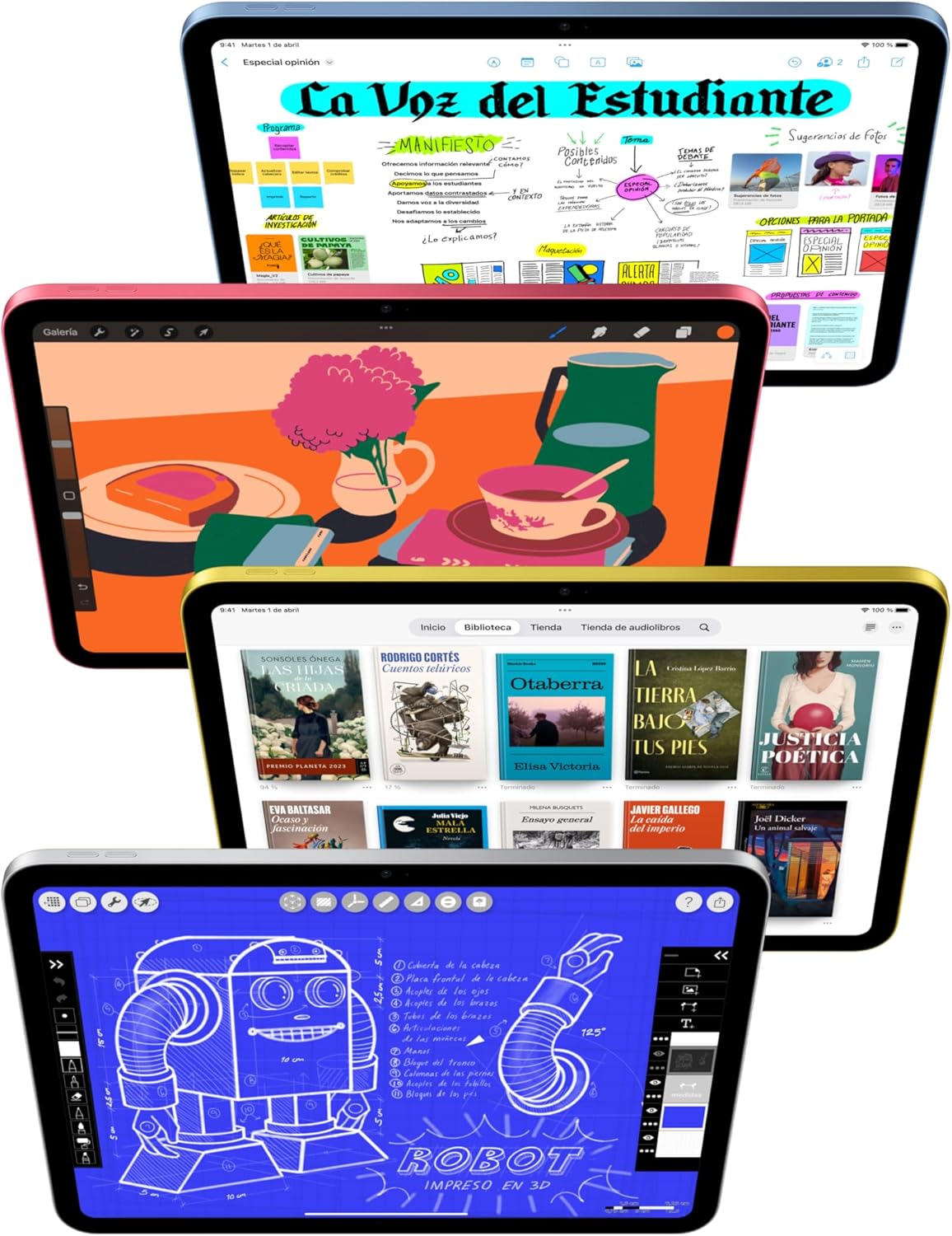 Apple iPad de 11 pulgadas en colores plata, rosa, amarillo y gris mostrando pantalla Liquid Retina con apps de dibujo, lectura y diseño.