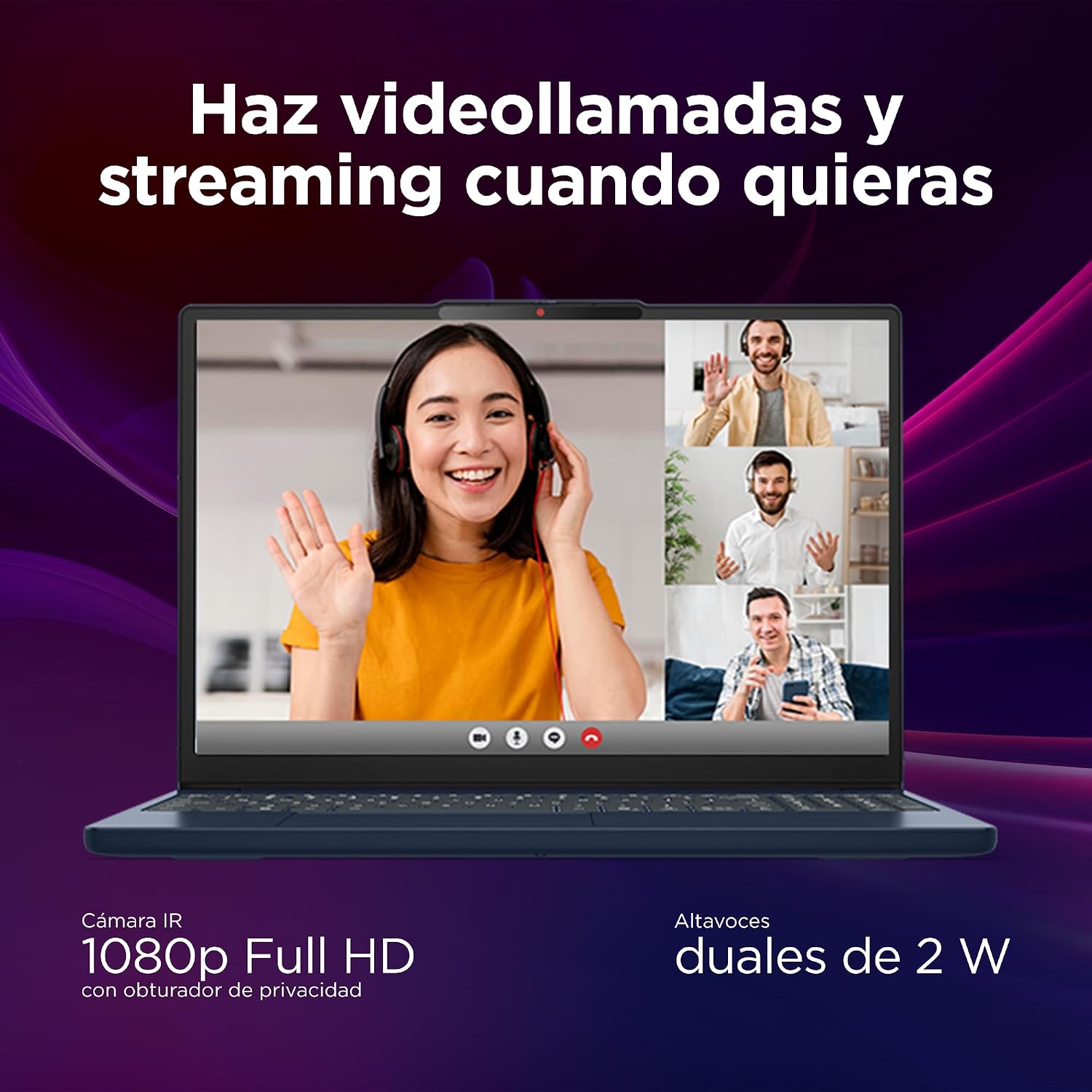 Portátil con videollamada de 1080p que muestra cuatro participantes y altavoces duales.