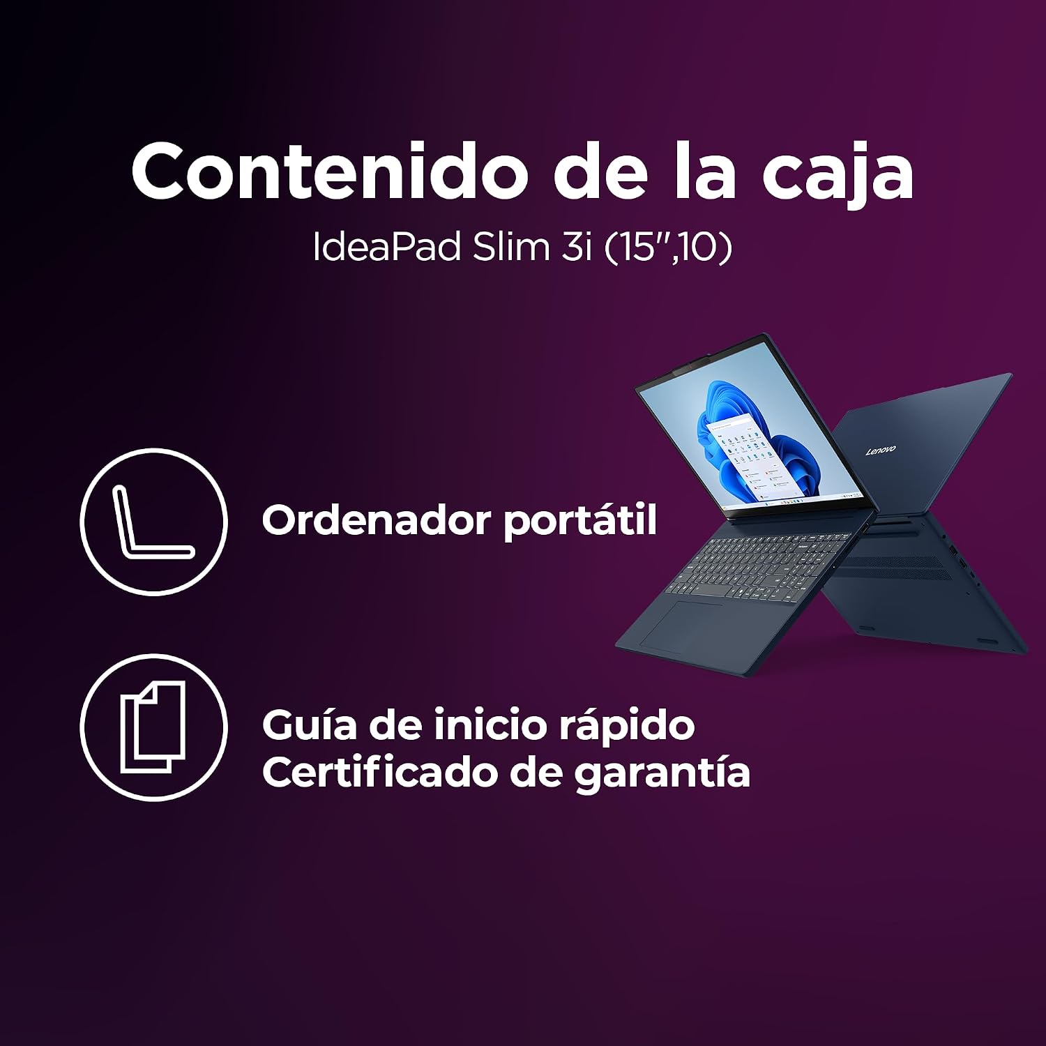 Portátil IdeaPad Slim 3i, guía de inicio rápido y certificado de garantía mostrados.