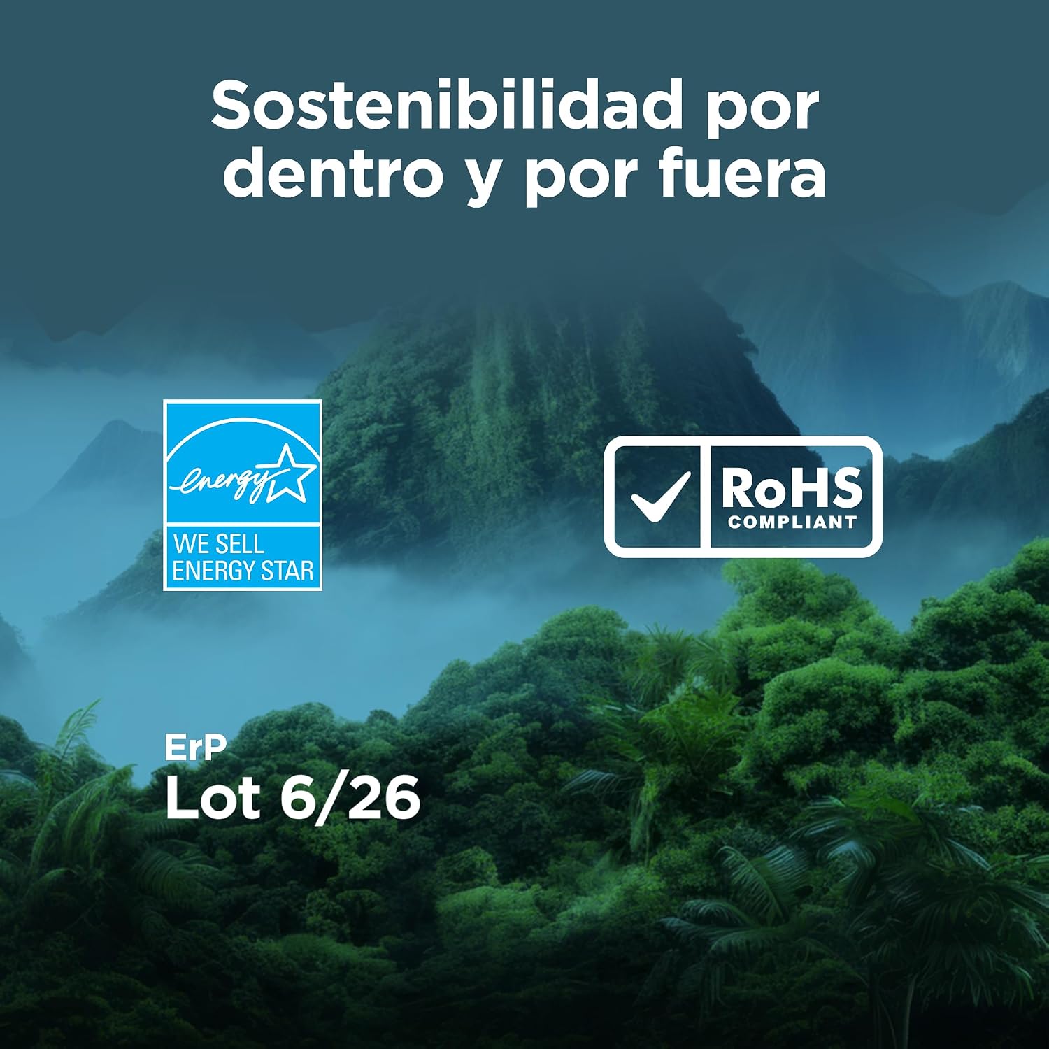 Poster de sostenibilidad con logos de Energy Star y RoHS.