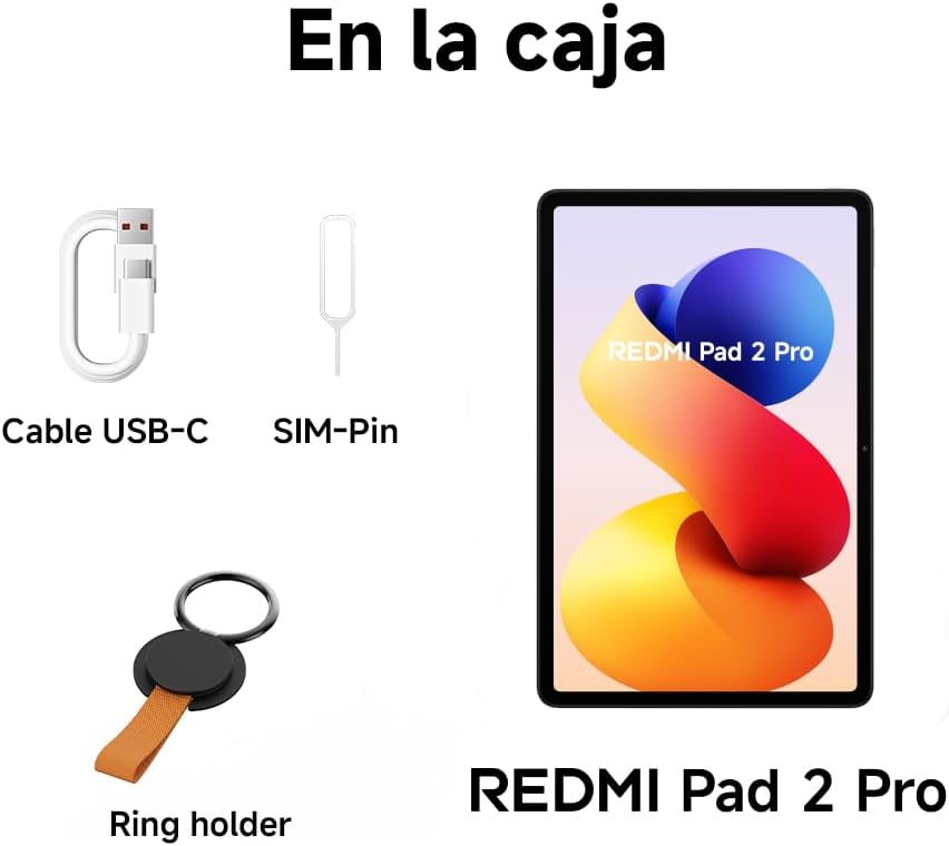 REDMI Pad 2 Pro box contents: tablet, USB‑C cable, SIM pin, ring holder.