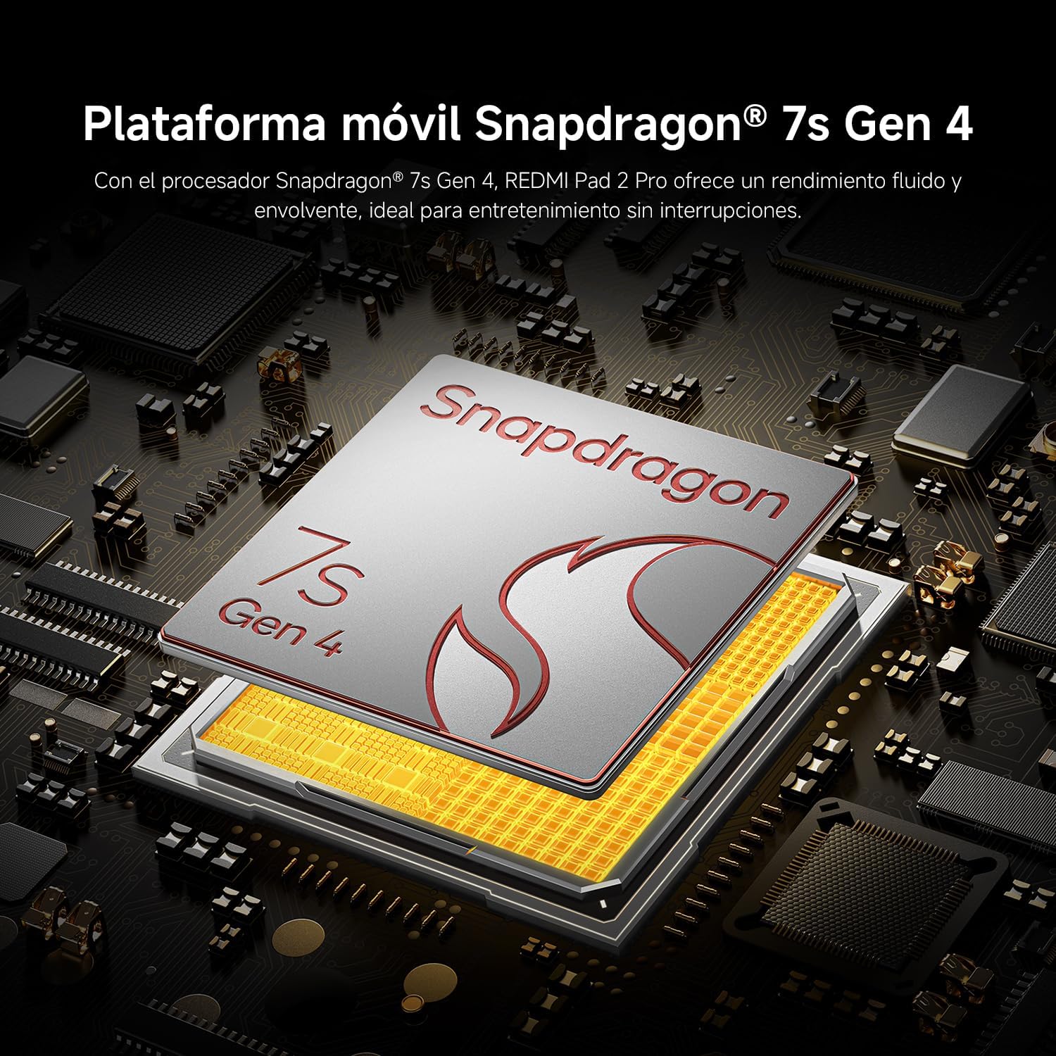 Procesador móvil Snapdragon 7s Gen 4 sobre placa de circuito, chip plateado con logo rojo.