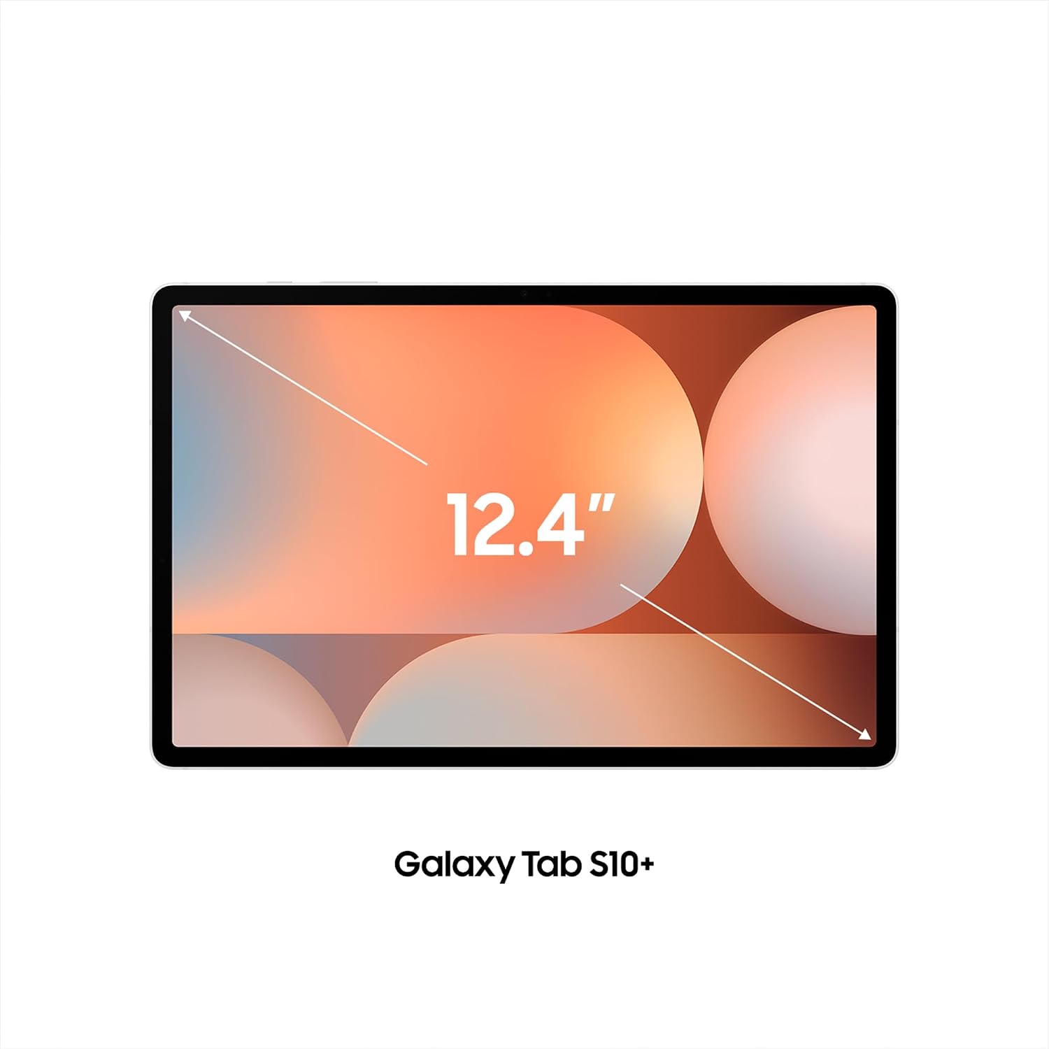 Galaxy Tab S10+ con pantalla de 12.4 pulgadas resaltada en gráfico naranja elegante.