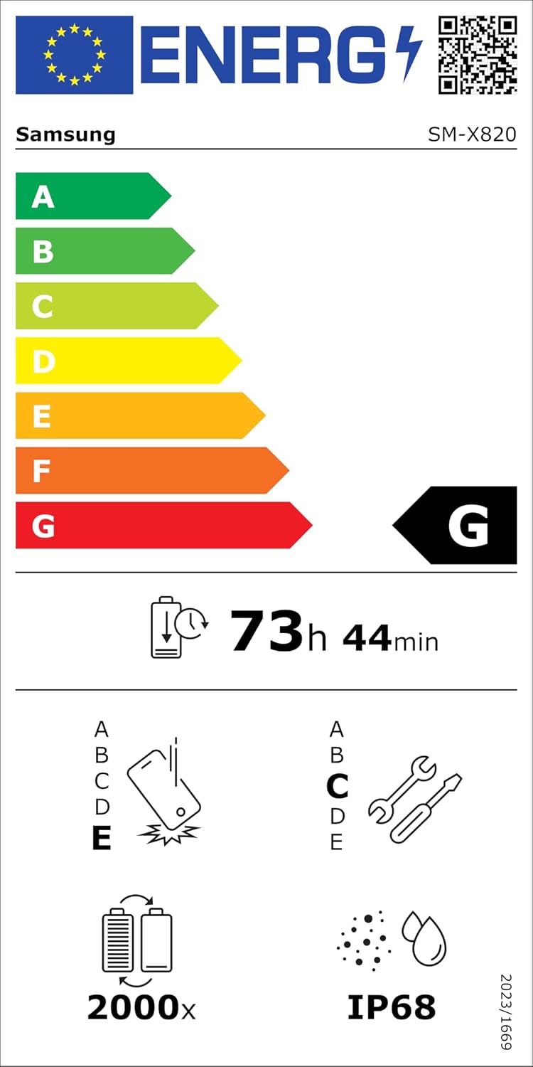 Etiqueta de energía de la UE para tableta Samsung con calificación G y duración de batería de 73 horas.