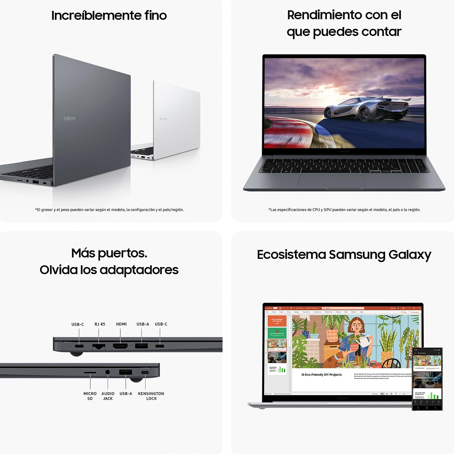 Portátil Samsung Galaxy Book4 ultrafino con puertos, pantalla y ecosistema Galaxy