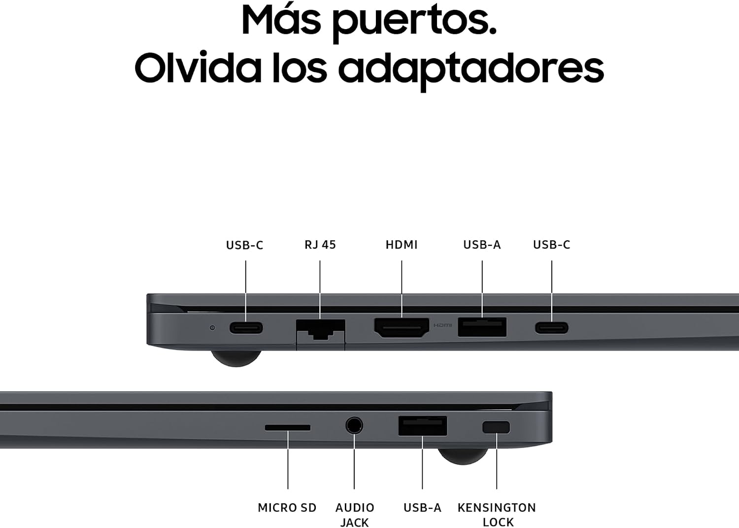 Samsung Galaxy Book4 portátil mostrando múltiples puertos para conectividad.