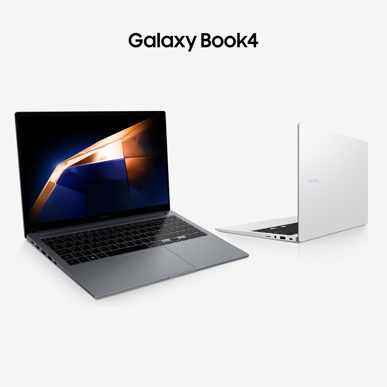 Galaxy Book4 portátil ultrafino en plata con pantalla vibrante.