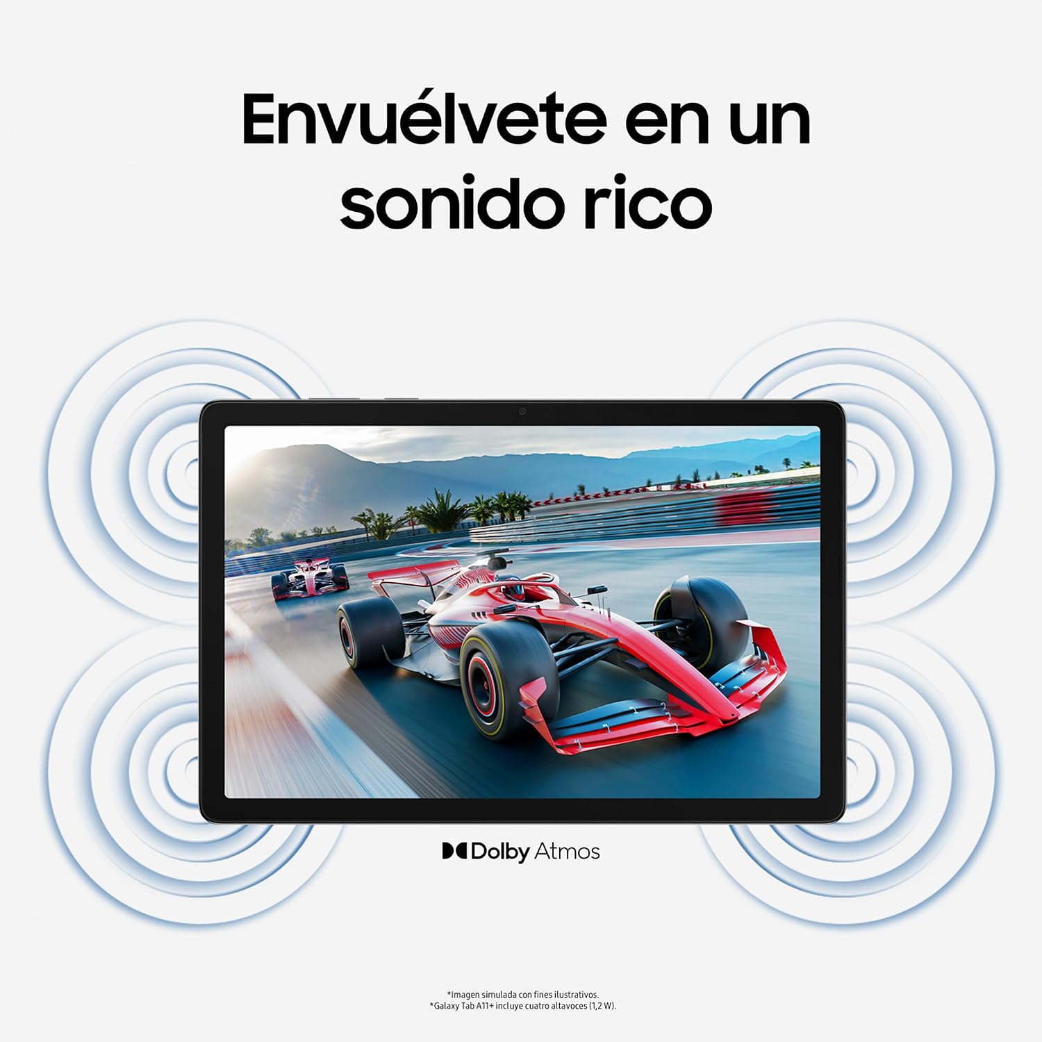 Samsung Galaxy Tab A11+ gris mostrando imagen de carreras con ondas de sonido Dolby Atmos