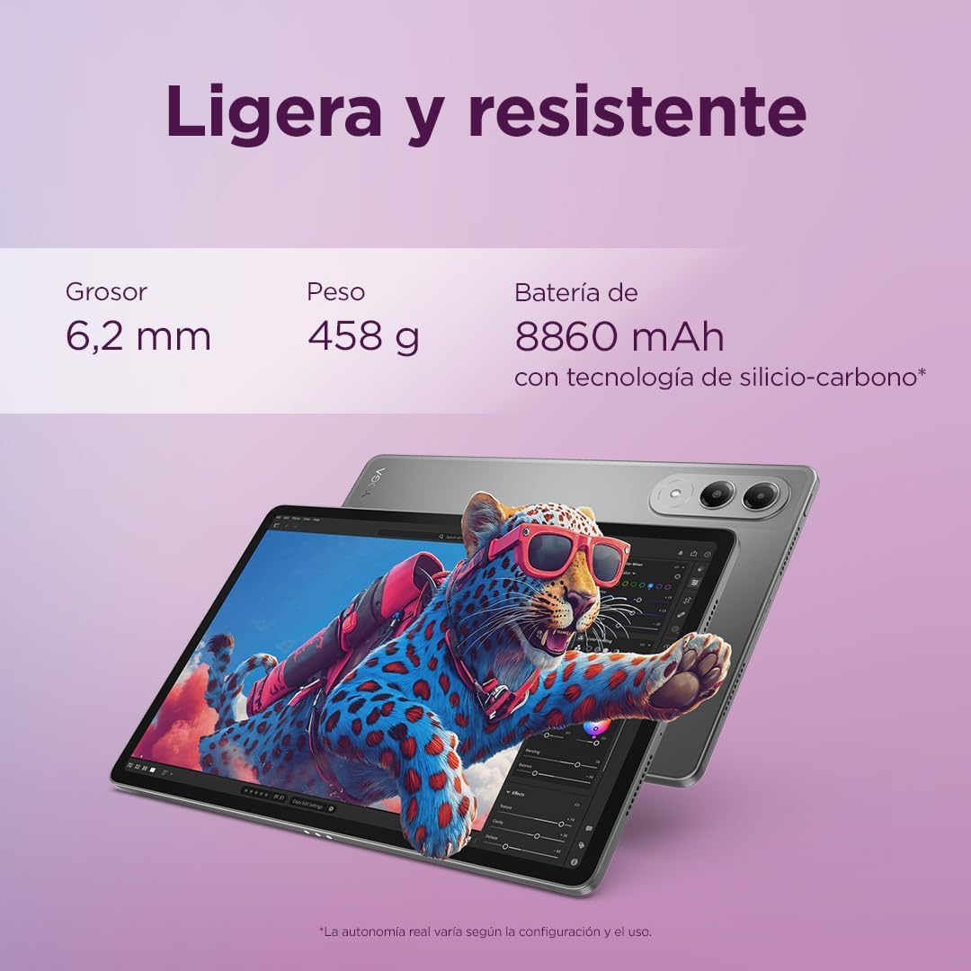 Lenovo Yoga Tab anuncio con especificaciones y una ilustración de un leopardo en la pantalla.