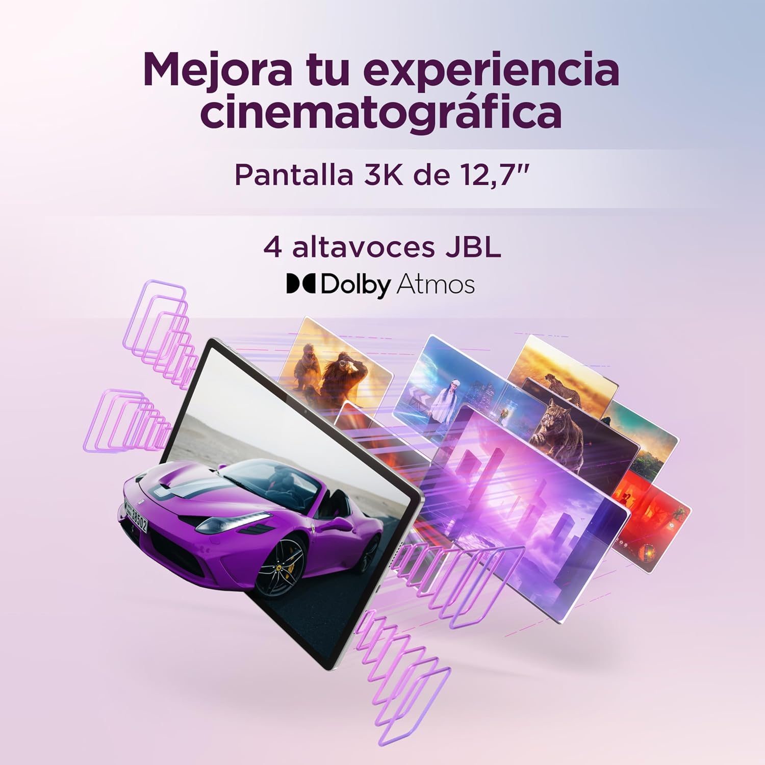 Pantalla 3K de 12,7 pulgadas con sonido JBL y Dolby Atmos, mostrando contenido diverso.