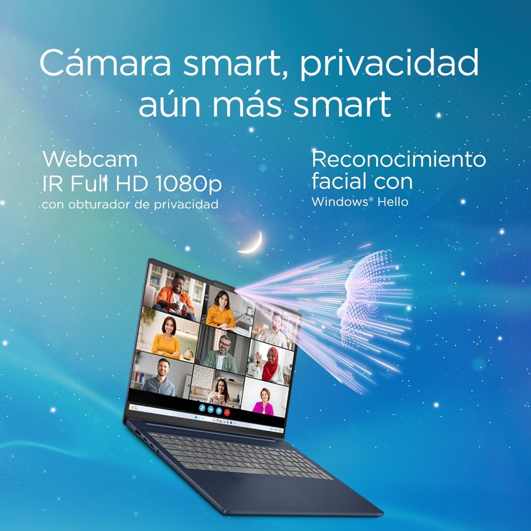 Portátil Lenovo con videoconferencia activa, promocionando cámara smart y reconocimiento facial.