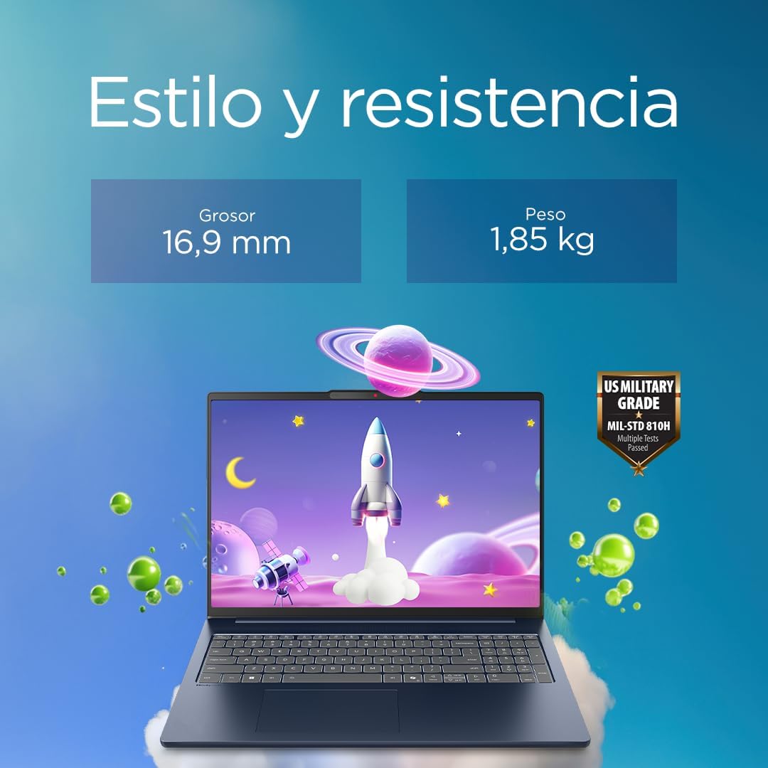 Portátil Lenovo IdeaPad Slim 5 Gen 10 con gráficos espaciales en pantalla, destacando su grosor