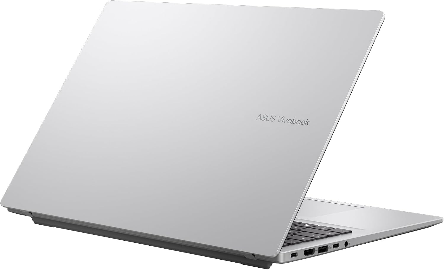 Portátil ASUS Vivobook plata fría, trasera con pantalla semi-abierta, teclado y puertos laterales visibles.