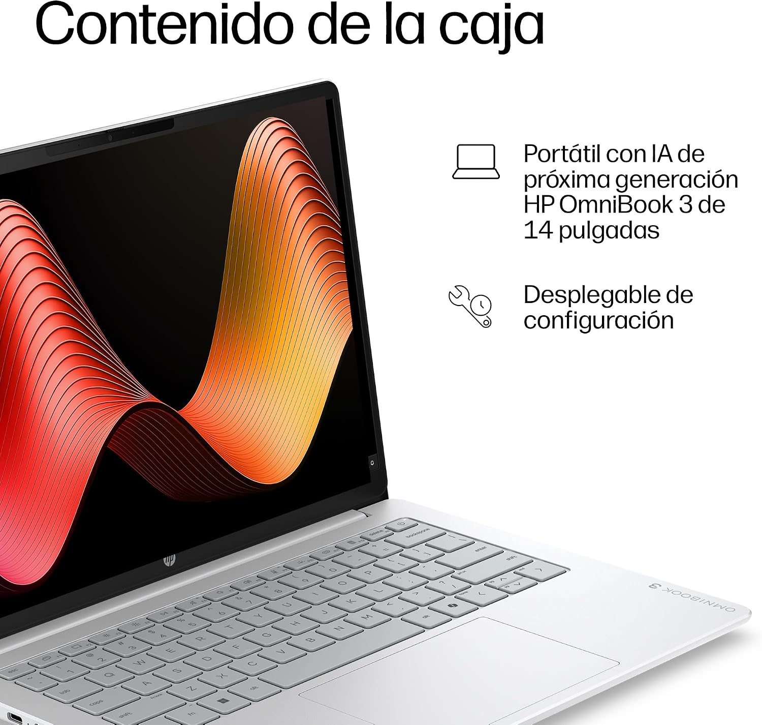 Portátil HP OmniBook 3 de 14 pulgadas con ondas rojas y naranjas en la pantalla.