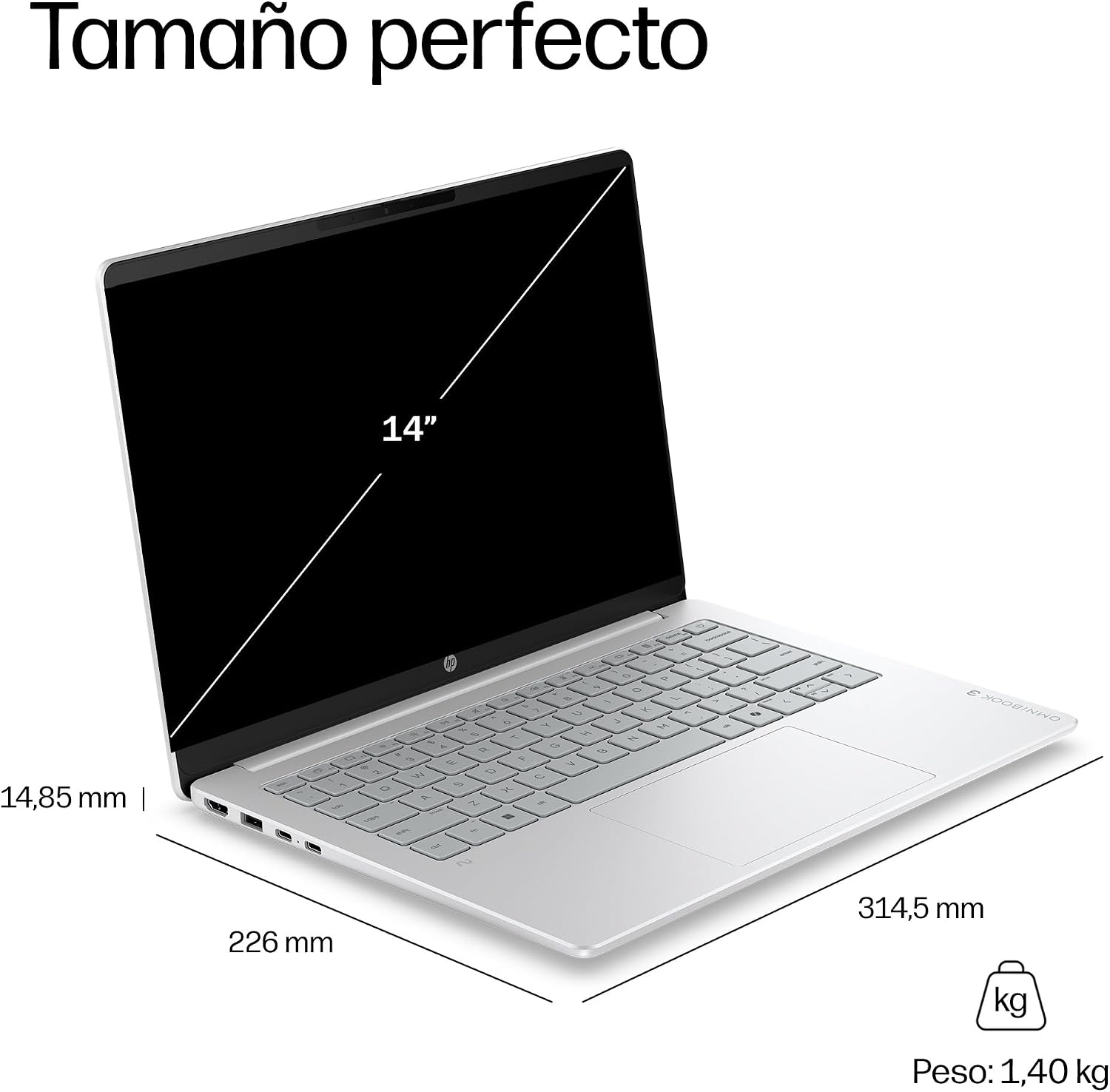 Portátil HP OmniBook 3 14 pulgadas, perfil con dimensiones