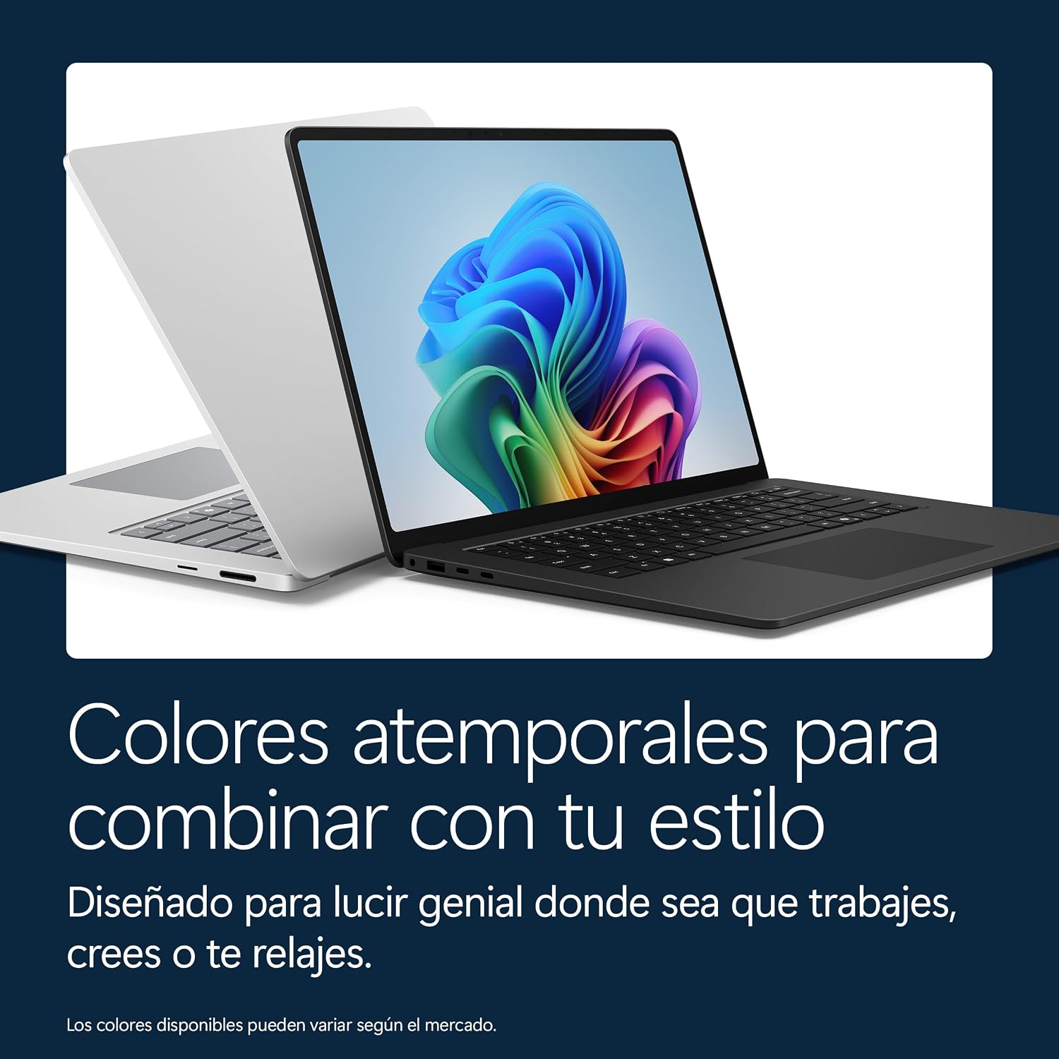 Portátiles en color plateado y negro con pantalla de inicio de Windows 11.