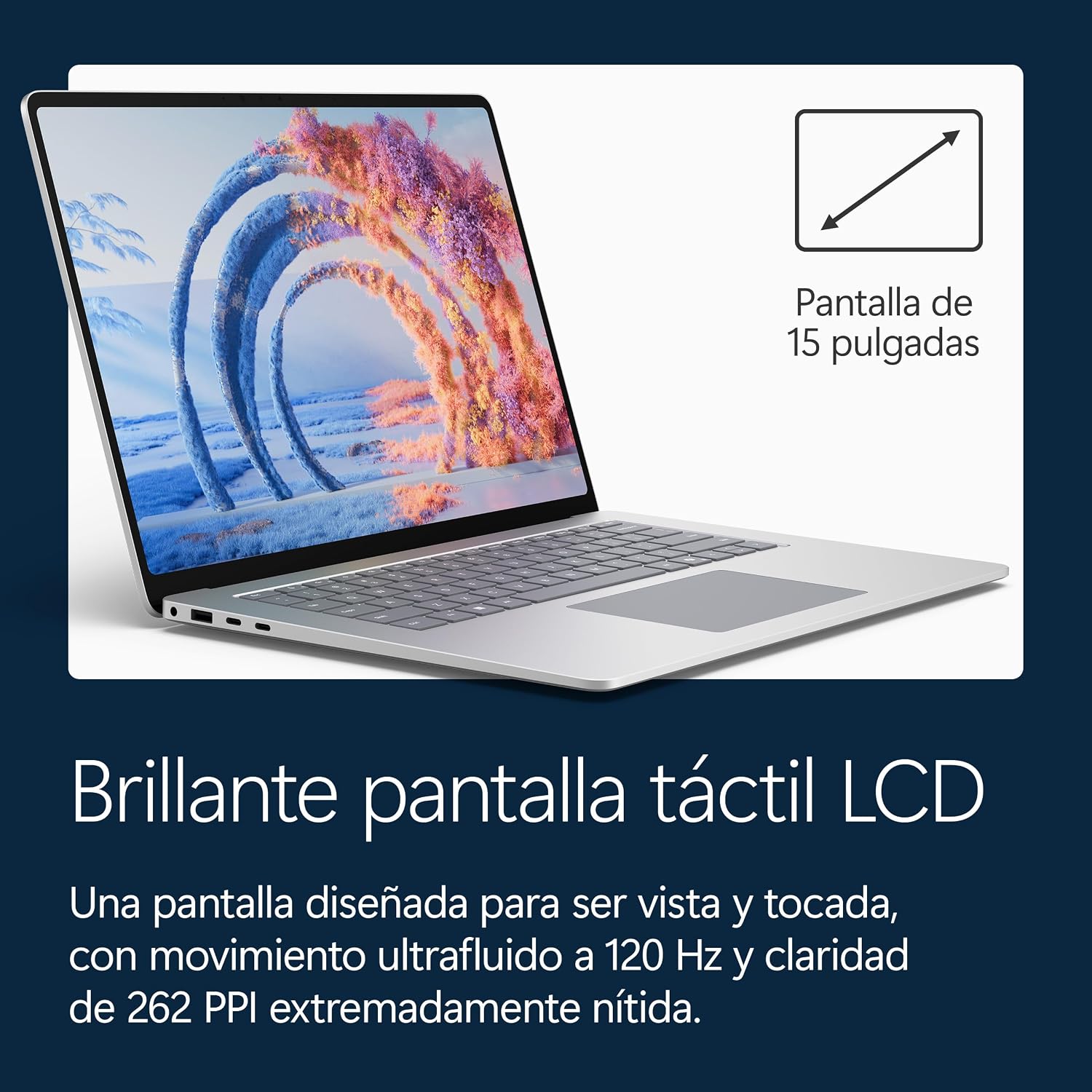 Portátil con pantalla táctil LCD de 15 pulgadas mostrando una imagen abstracta.