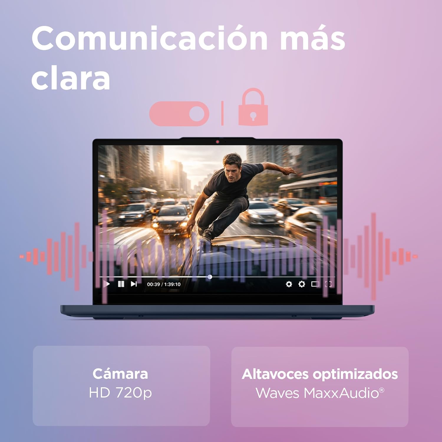Portátil con pantalla de acción, texto en español y fondo sonoro colorido.