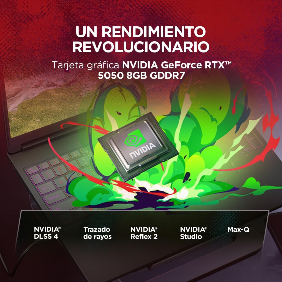 Publicidad de tarjeta gráfica NVIDIA GeForce RTX 5050 estallando en colores desde un portátil gaming.